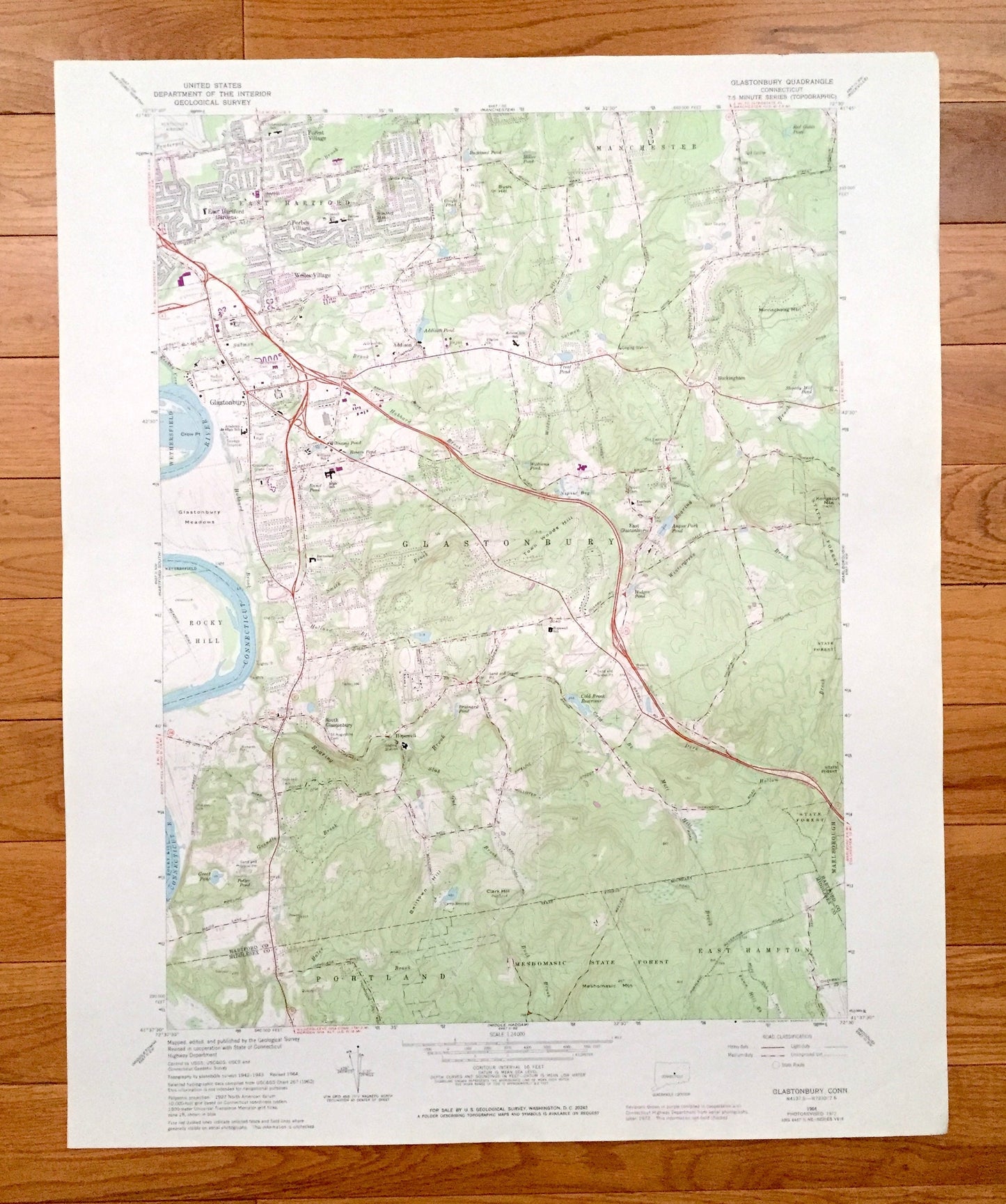 Antique Glastonbury, Connecticut 1964 US Geological Survey Topographic Map – Middlesex, Hartford County, Manchester, Portland, Addison, CT
