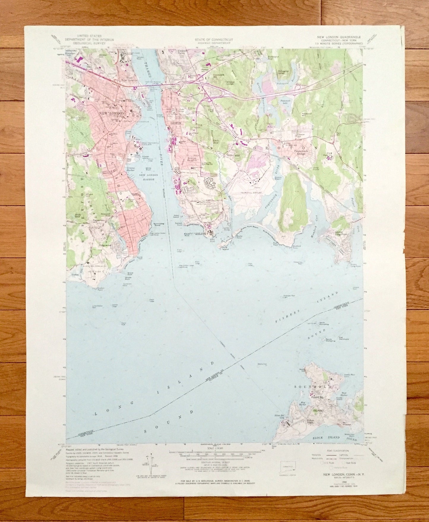 Antique New London, Connecticut 1958 US Geological Survey Topographic Map – New London County, Waterford, Groton, CT, Suffolk County, NY