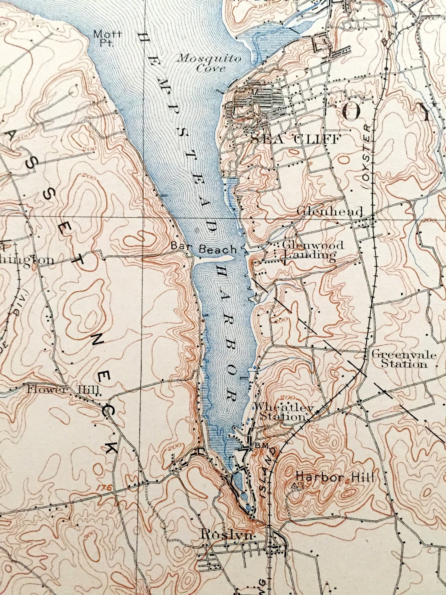 Antique Oyster Bay, New York 1900 US Geological Survey Topographic Map – Hempstead, Sea Cliff, Westchester, Long Island, Bayville, Rye, NY