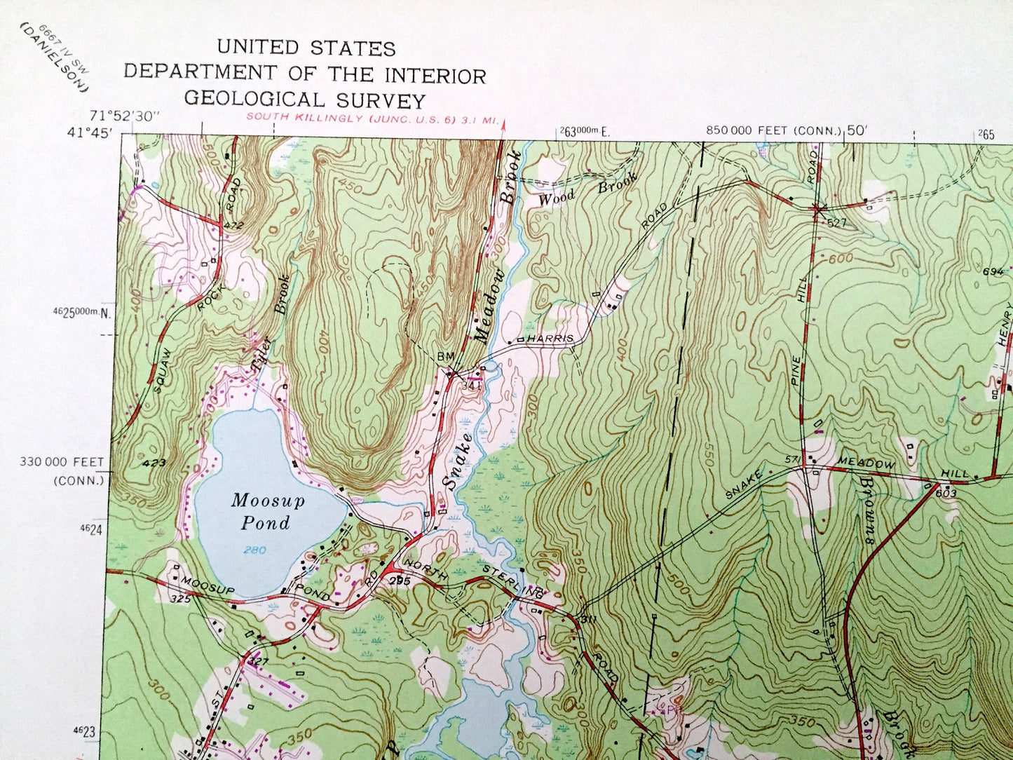 Antique Oneco, Connecticut 1953 US Geological Survey Topographic Map – Windham, New London County, Sterling, CT, Providence, Kent County, RI