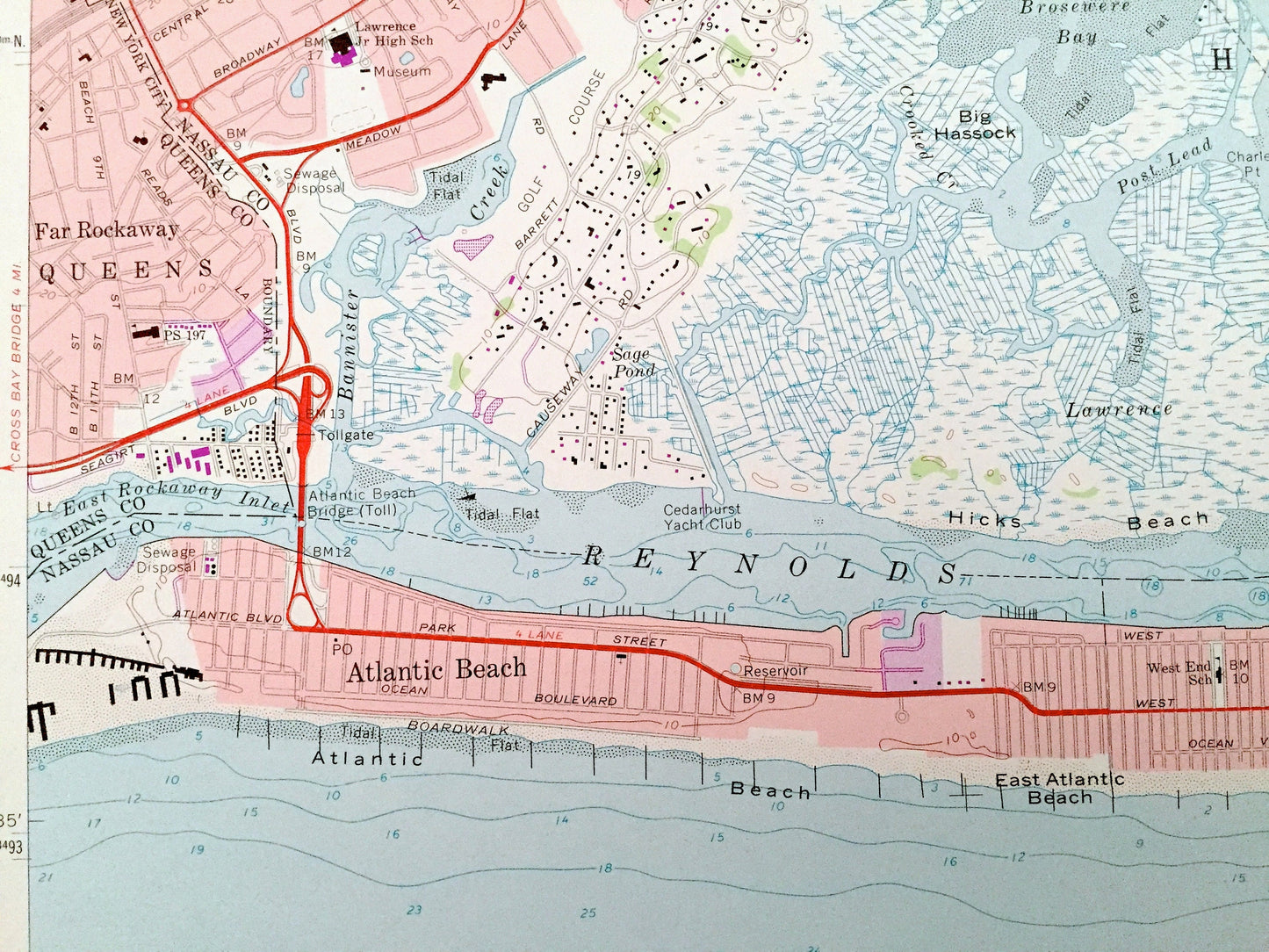 Antique Lawrence, New York 1966 US Geological Survey Topographic Map – Queens, Nassau County, Hempstead, Long Beach, Cedarhurst, Inwood, NY