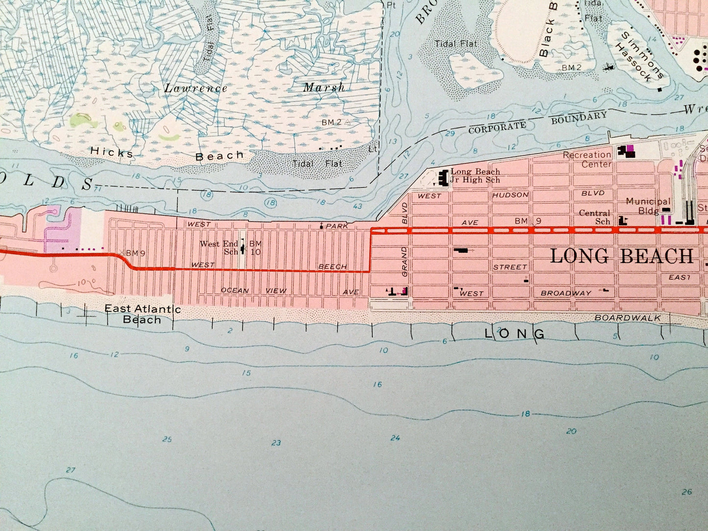 Antique Lawrence, New York 1966 US Geological Survey Topographic Map – Queens, Nassau County, Hempstead, Long Beach, Cedarhurst, Inwood, NY