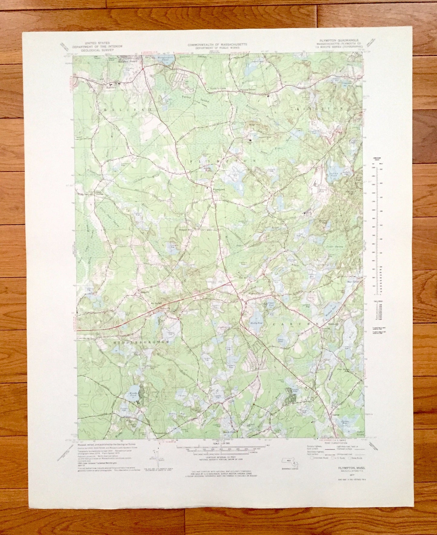 Antique Plympton, Massachusetts 1977 US Geological Survey Topographic Map – Plymouth County, Halifax, Kingston, Middleborough, Carver, MA