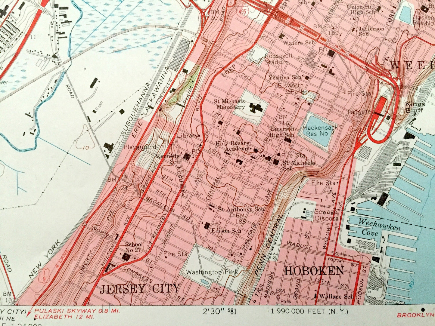 Antique Weehawken, New Jersey 1955 US Geological Survey Topographic Map – Hudson, Bergen, Passaic County, Secaucus, Hoboken, Lodi, New York