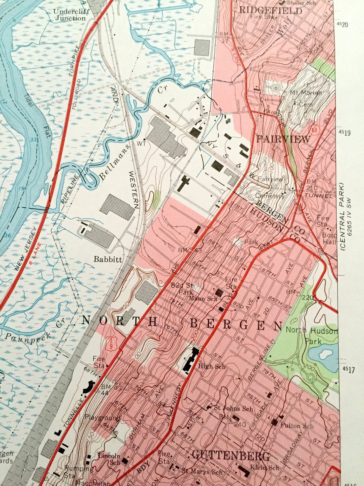 Antique Weehawken, New Jersey 1955 US Geological Survey Topographic Map – Hudson, Bergen, Passaic County, Secaucus, Hoboken, Lodi, New York