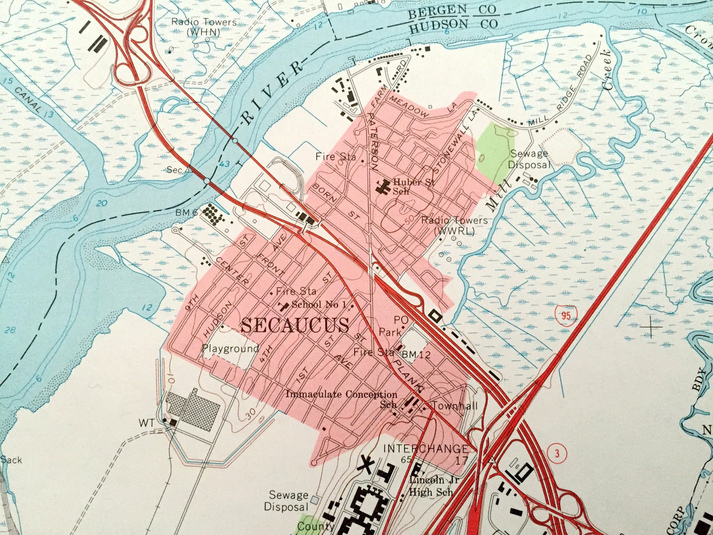 Antique Weehawken, New Jersey 1955 US Geological Survey Topographic Map – Hudson, Bergen, Passaic County, Secaucus, Hoboken, Lodi, New York