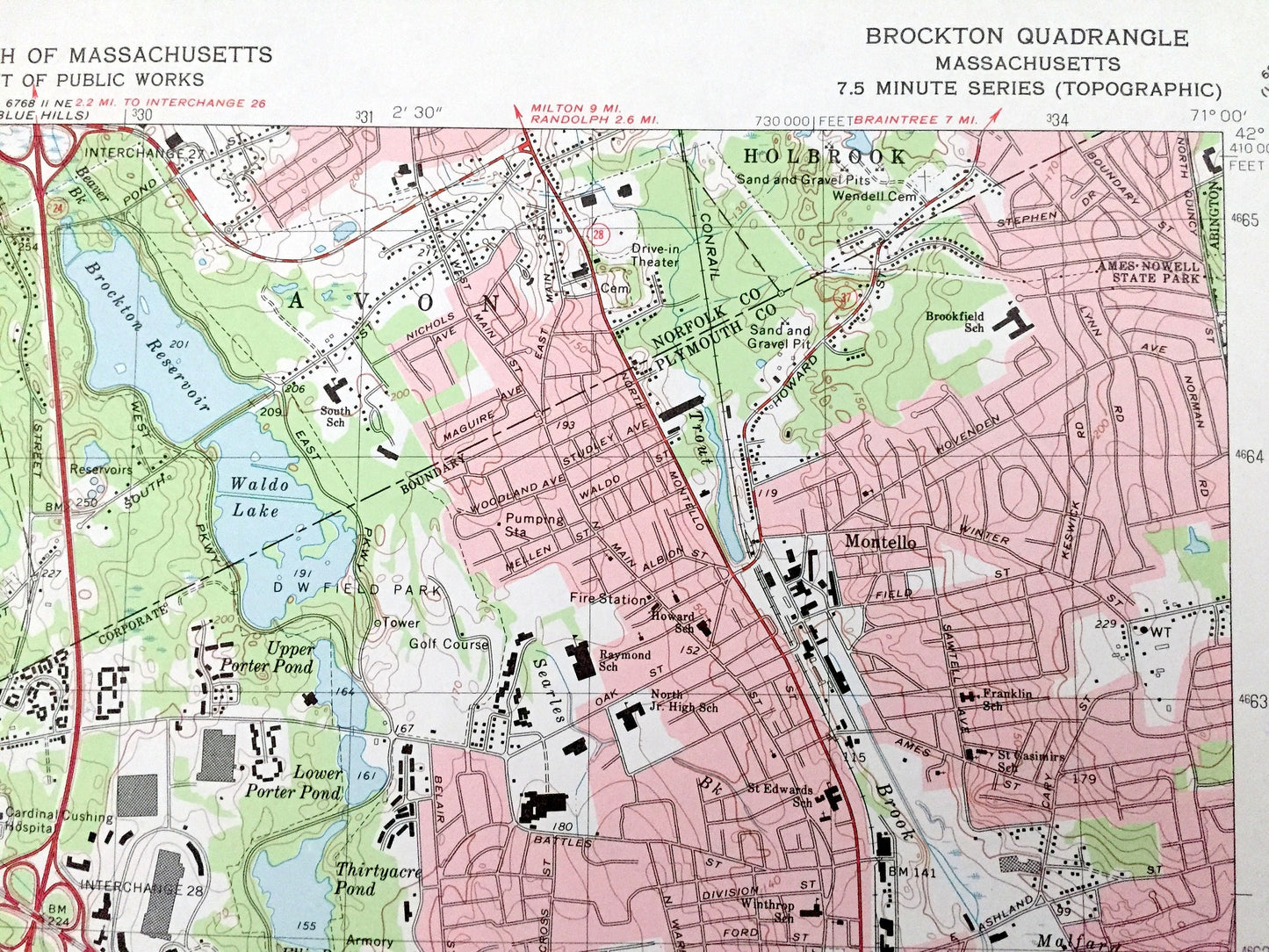 Antique Brockton, Massachusetts 1975 US Geological Survey Topographic Map – Plymouth, Bristol, Norfolk County, Stoughton, Easton, Avon, MA