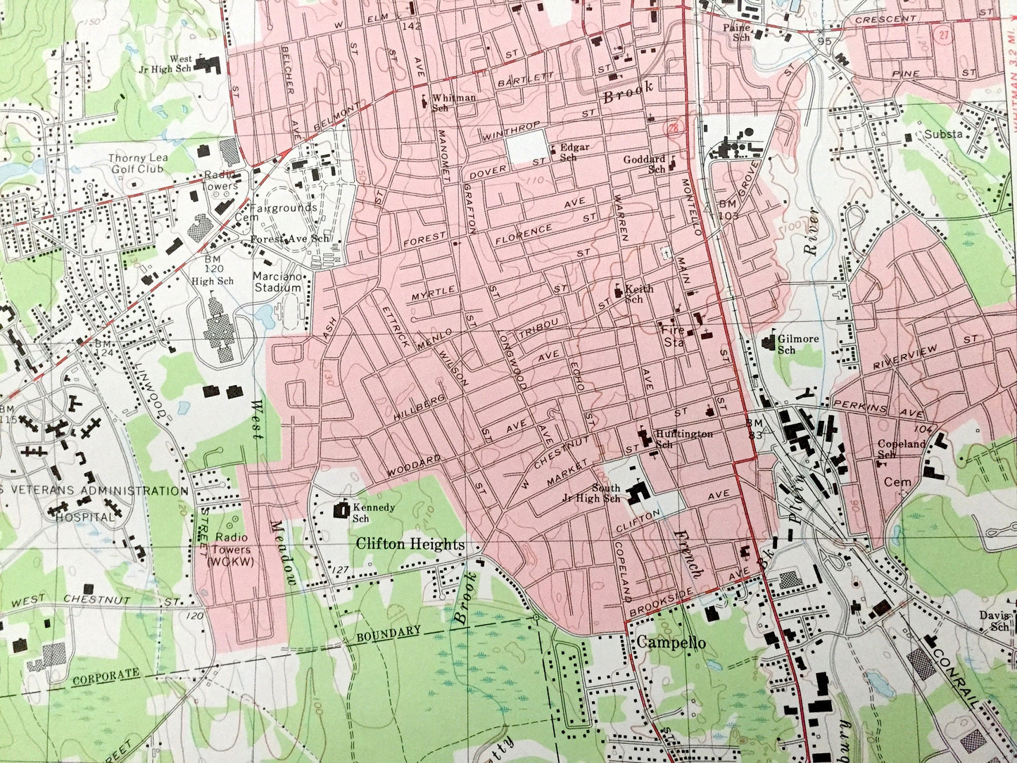 Antique Brockton, Massachusetts 1975 US Geological Survey Topographic Map – Plymouth, Bristol, Norfolk County, Stoughton, Easton, Avon, MA