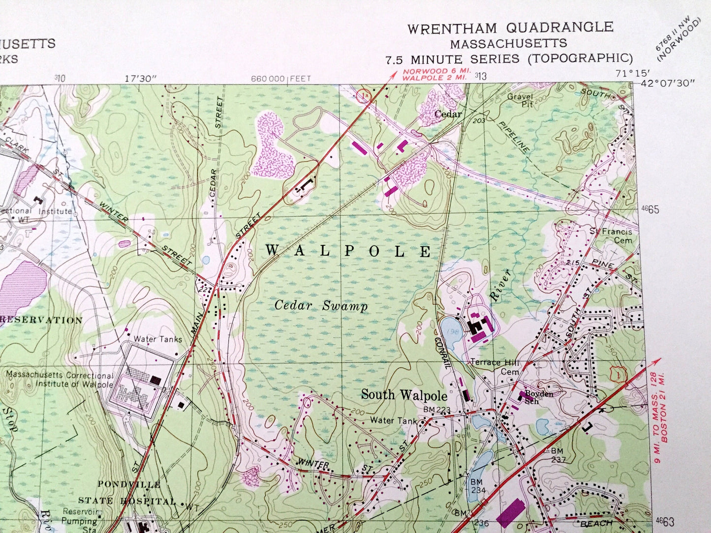 Antique Wrentham, Massachusetts 1964 US Geological Survey Topographic Map – Bristol, Norfolk County, Walpole, Plainville, Foxborough, MA