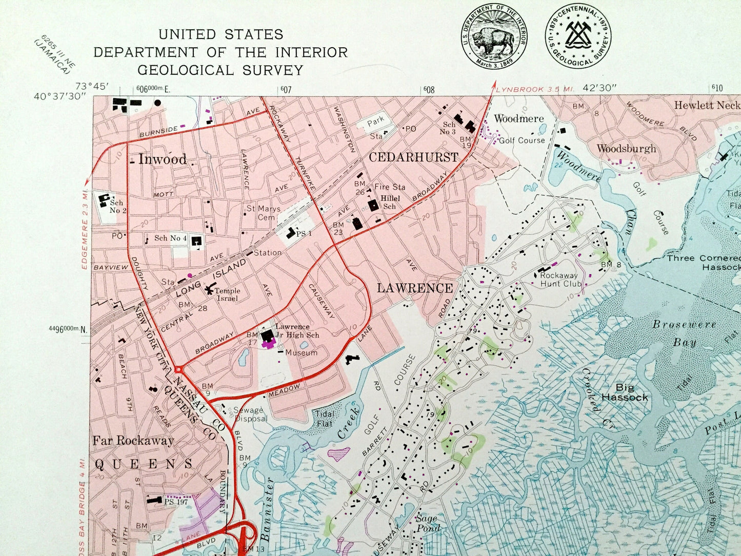 Antique Lawrence, New York 1966 US Geological Survey Topographic Map – Queens, Nassau County, Hempstead, Long Beach, Cedarhurst, Inwood, NY