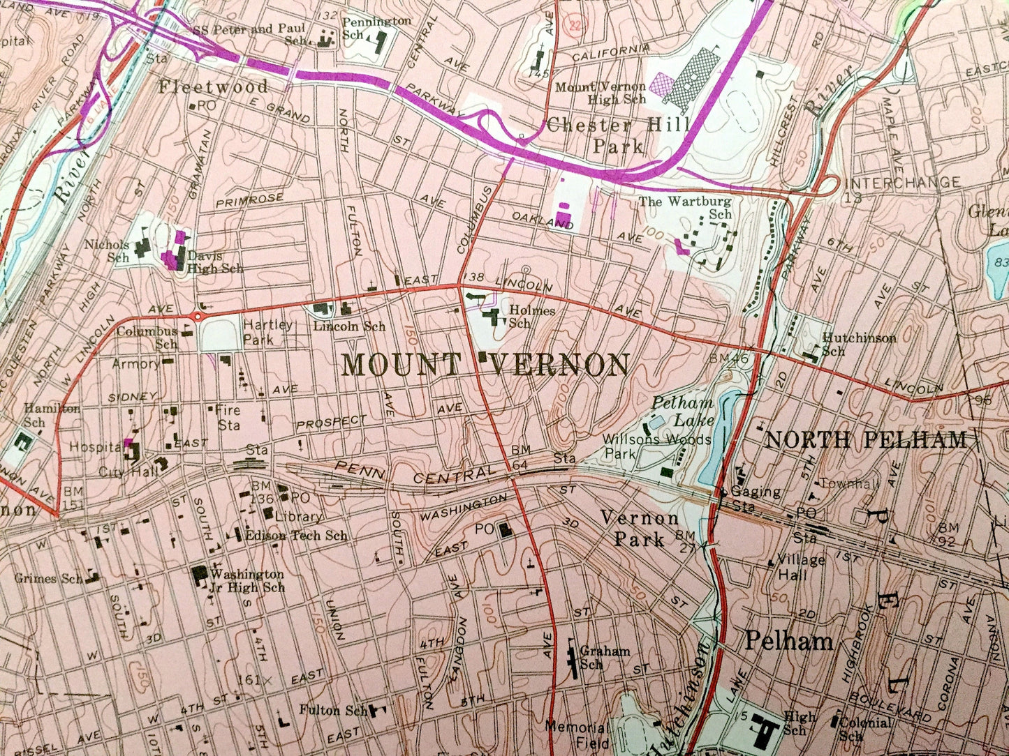 Antique Mount Vernon, New York 1966 US Geological Survey Topographic Map – Bronx, Westchester County, Yonkers, White Plains, Larchmont Mt NY