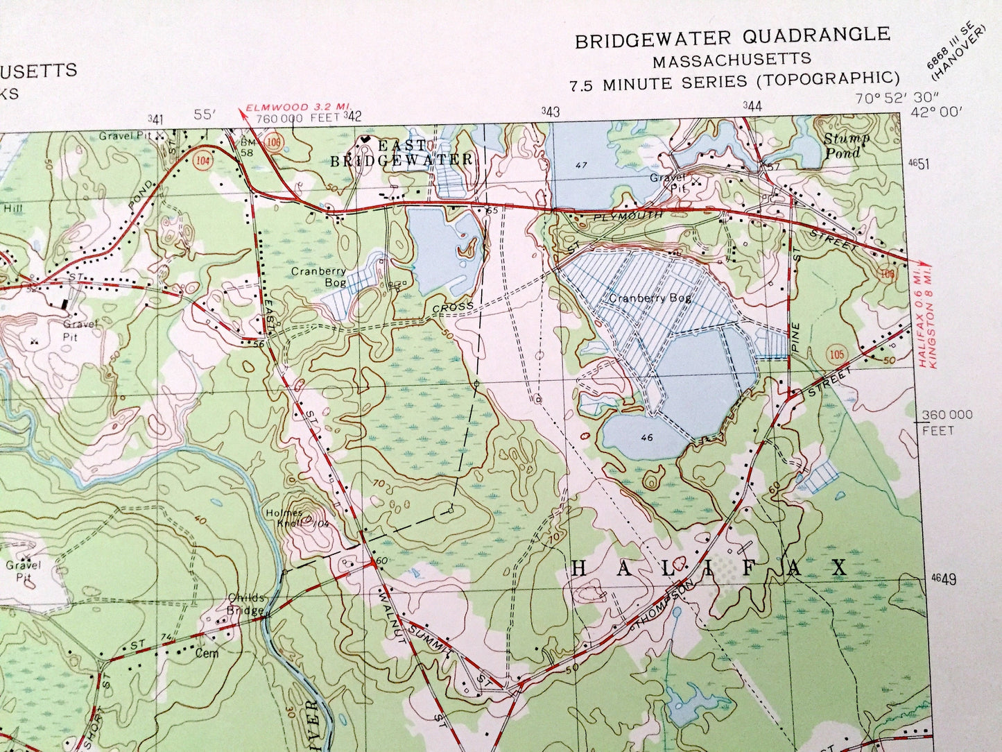 Antique Bridgewater, Massachusetts 1977 US Geological Survey Topographic Map – Plymouth, Bristol County, Halifax, Middleborough, Taunton, MA
