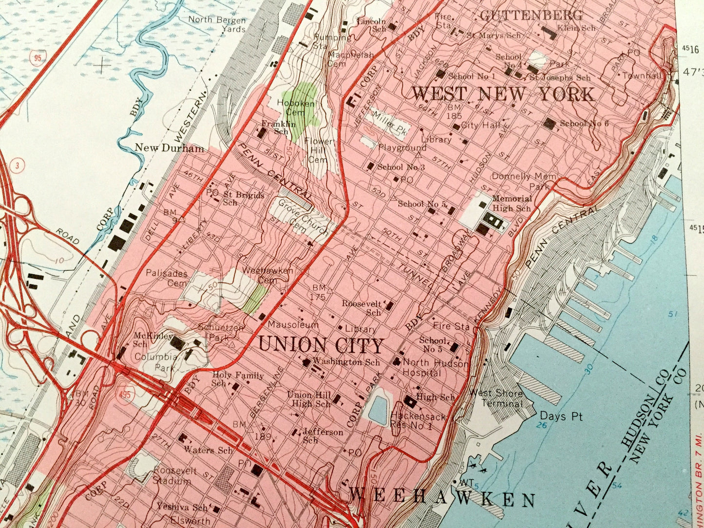 Antique Weehawken, New Jersey 1955 US Geological Survey Topographic Map – Hudson, Bergen, Passaic County, Secaucus, Hoboken, Lodi, New York