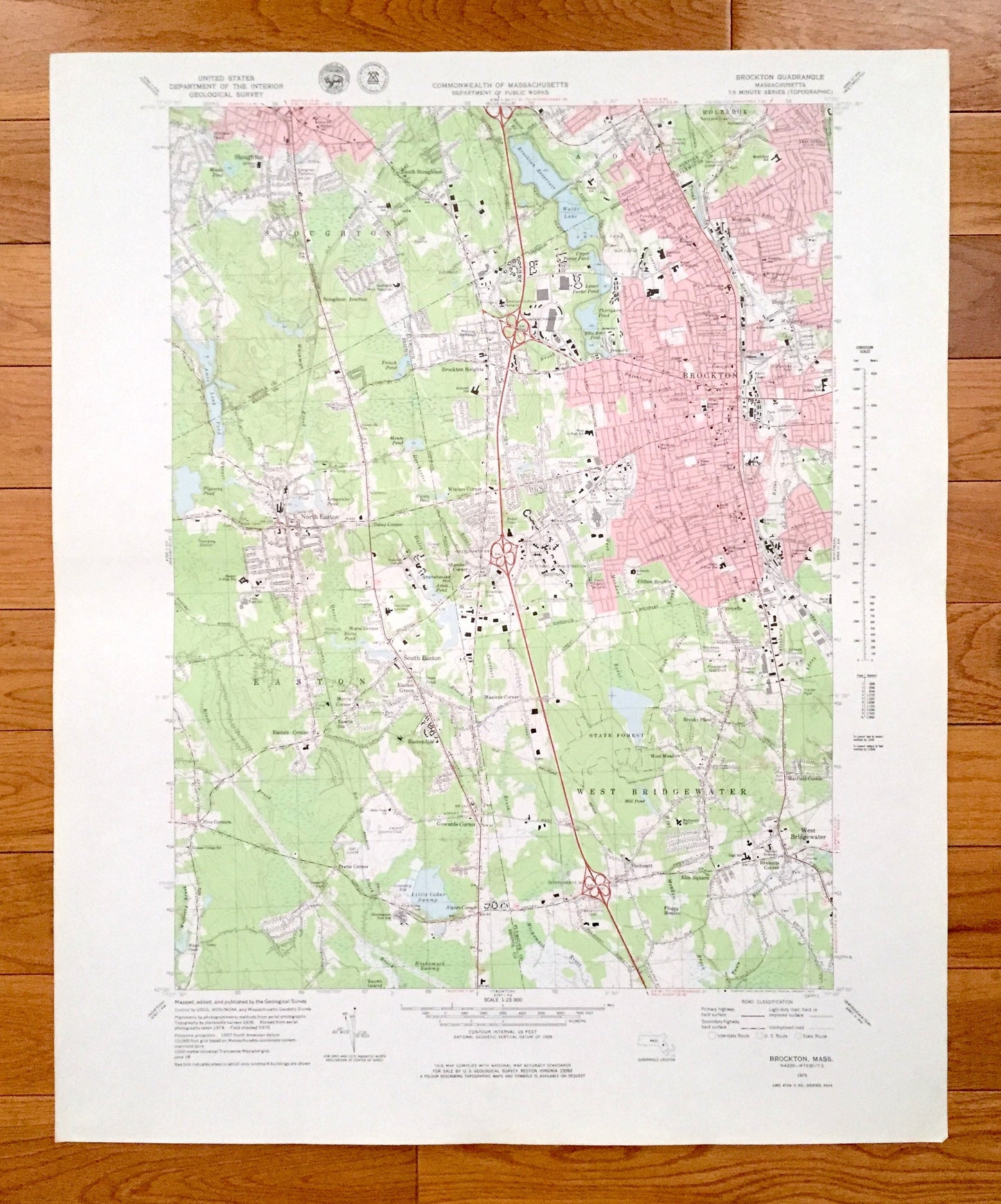 Antique Brockton, Massachusetts 1975 US Geological Survey Topographic Map – Plymouth, Bristol, Norfolk County, Stoughton, Easton, Avon, MA
