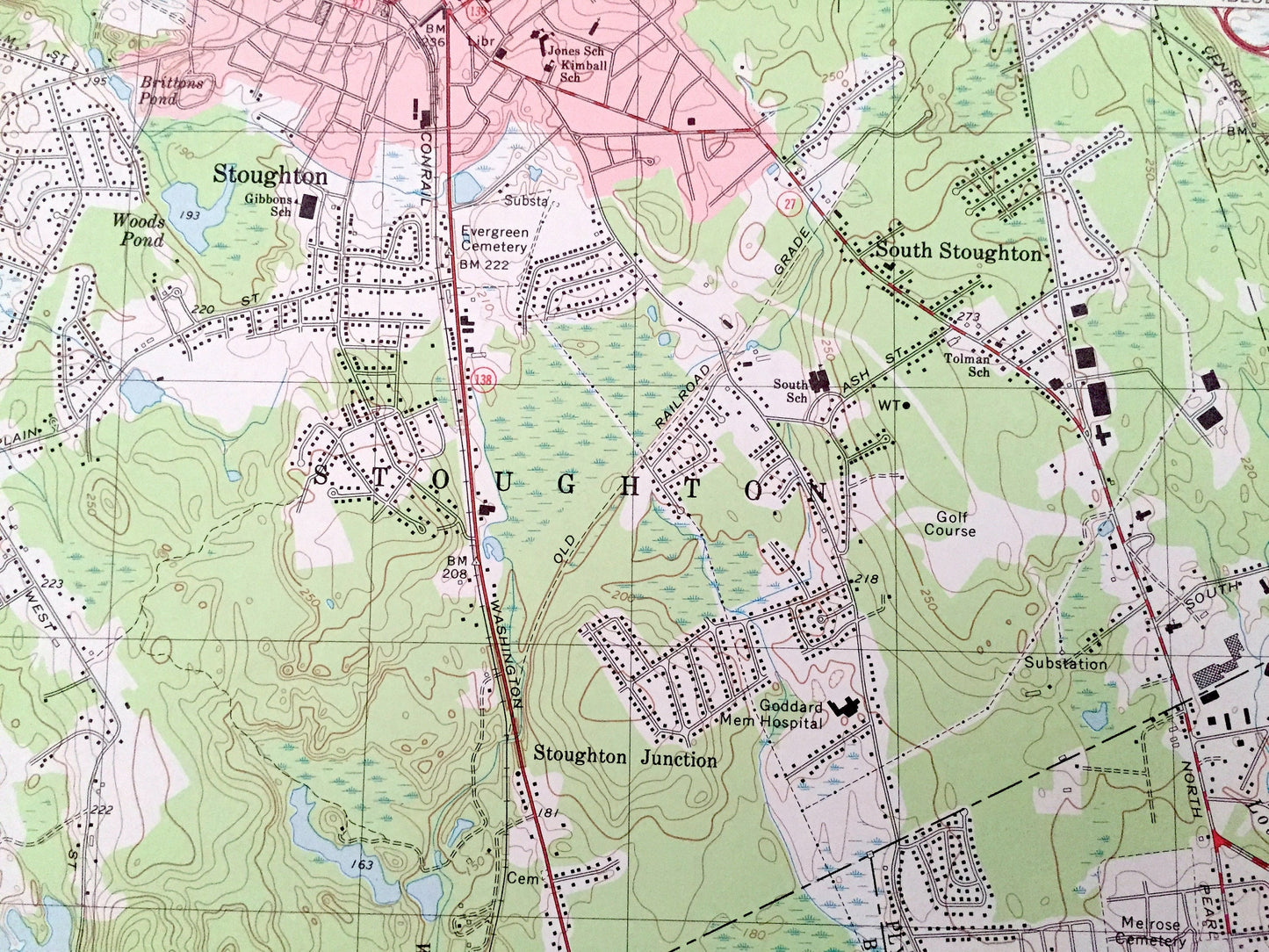 Antique Brockton, Massachusetts 1975 US Geological Survey Topographic Map – Plymouth, Bristol, Norfolk County, Stoughton, Easton, Avon, MA