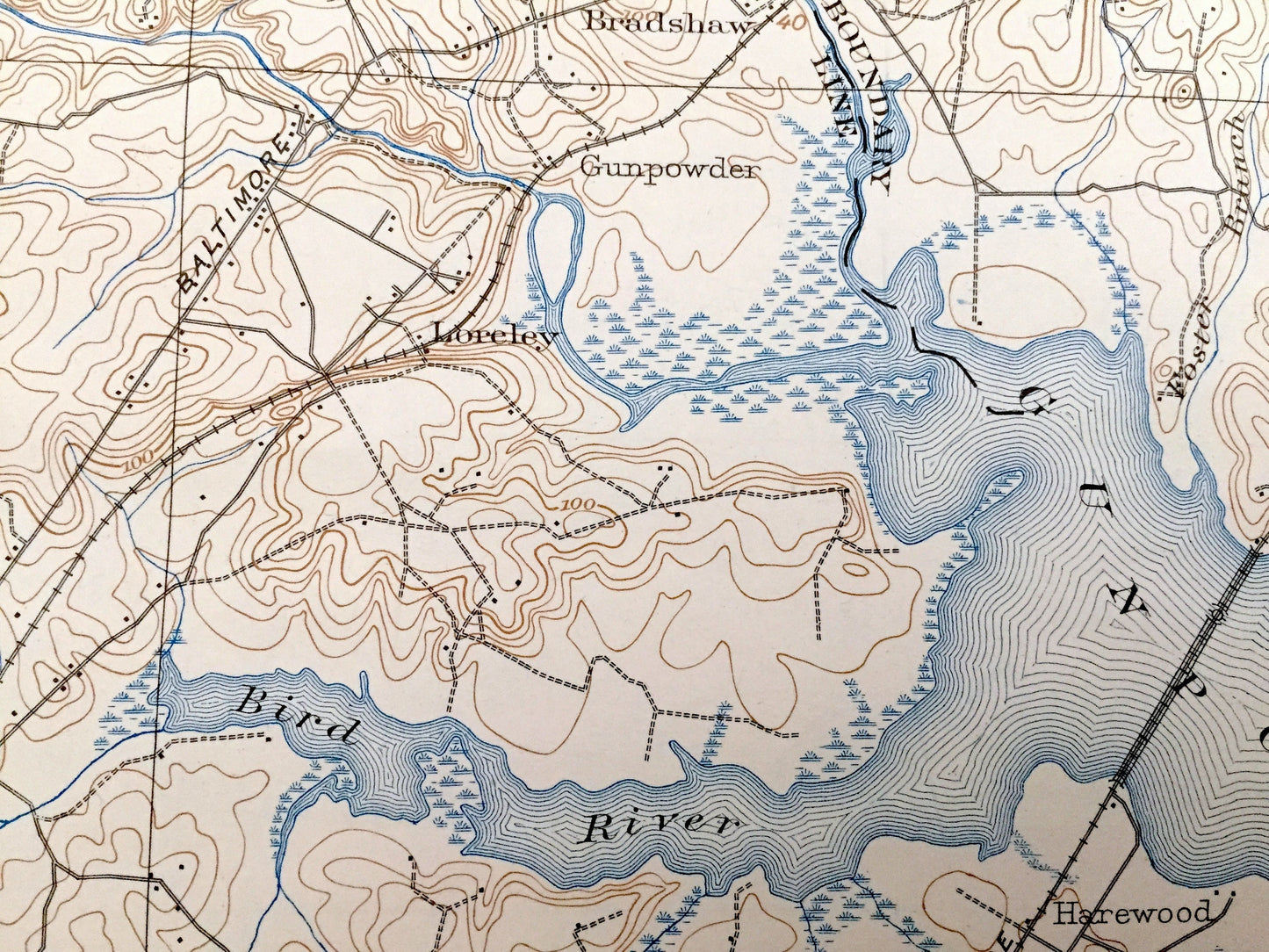 Antique 1901 Aberdeen Proving Ground, Maryland US Geological Survey Map – Gunpowder Falls, Chesapeake Bay, Baltimore & Harford County, MD
