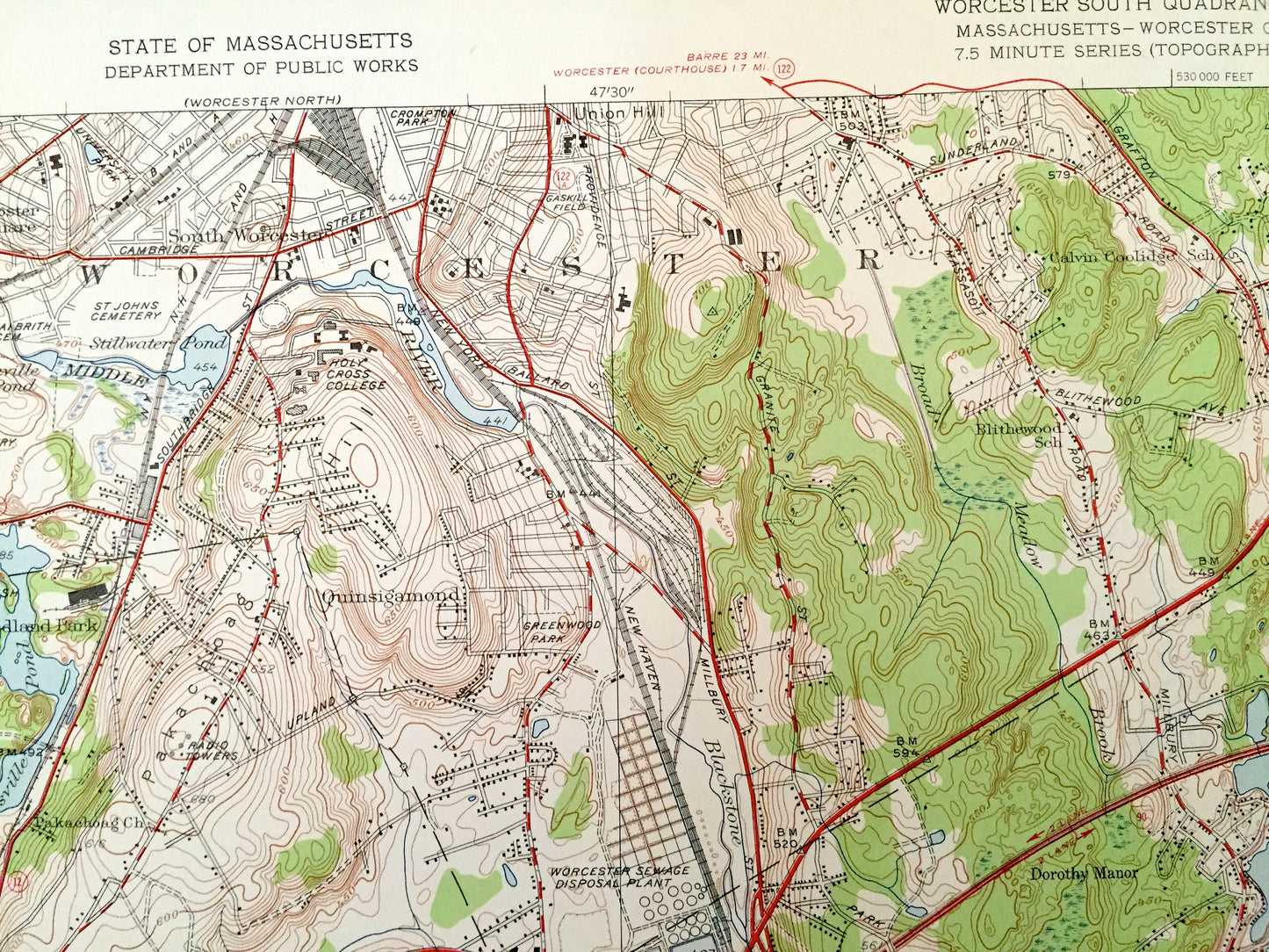 Antique Worcester South, Massachusetts 1948 US Geological Survey Topographic Map – Leichester, Auburn, Millbury, Oxford, Jamesville, MA