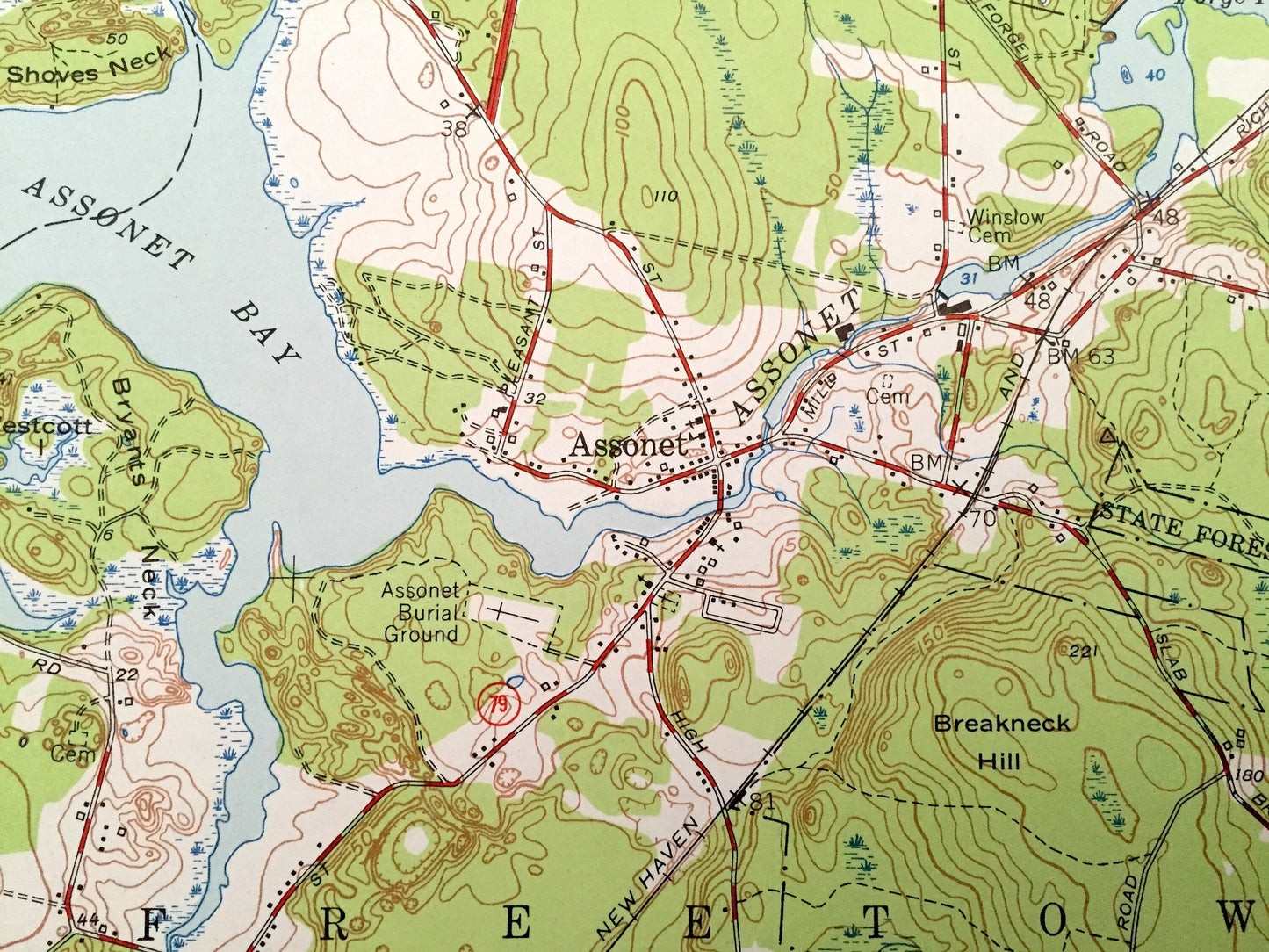 Antique Assonet, Massachusetts 1951 US Geological Survey Topographic Map – Bristol, Plymouth County, Berkley, Taunton, Lakeville, Dighton MA