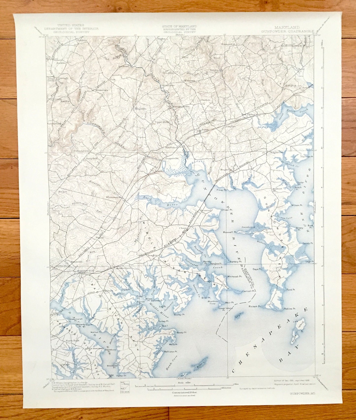 Antique 1901 Aberdeen Proving Ground, Maryland US Geological Survey Map – Gunpowder Falls, Chesapeake Bay, Baltimore & Harford County, MD