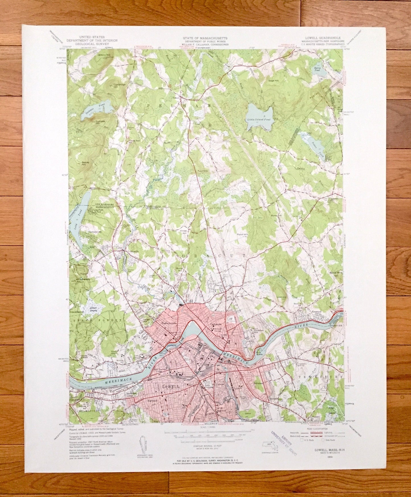 Antique Lowell, Massachusetts 1950 US Geological Survey Topographic Map – Essex, Middlesex County, Chelmsford, MA, Hillsborough County, NH