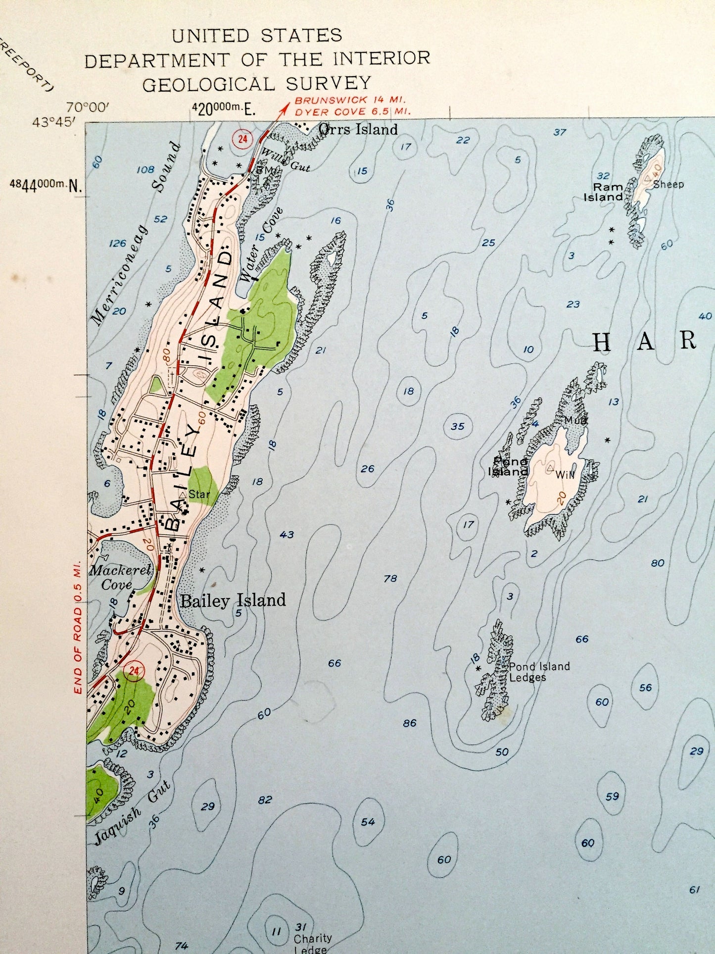 Antique Bailey Island, Maine 1957 US Geological Survey Topographic Map – Sagadahoc, Cumberland County, Harpswell, Phippsburg, Casco Bay, ME