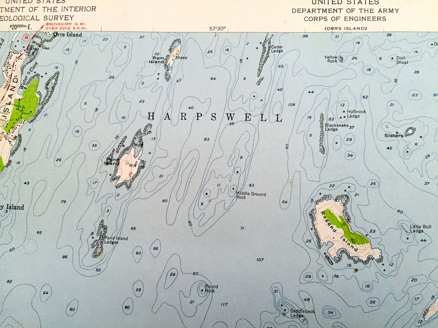 Antique Bailey Island, Maine 1957 US Geological Survey Topographic Map – Sagadahoc, Cumberland County, Harpswell, Phippsburg, Casco Bay, ME