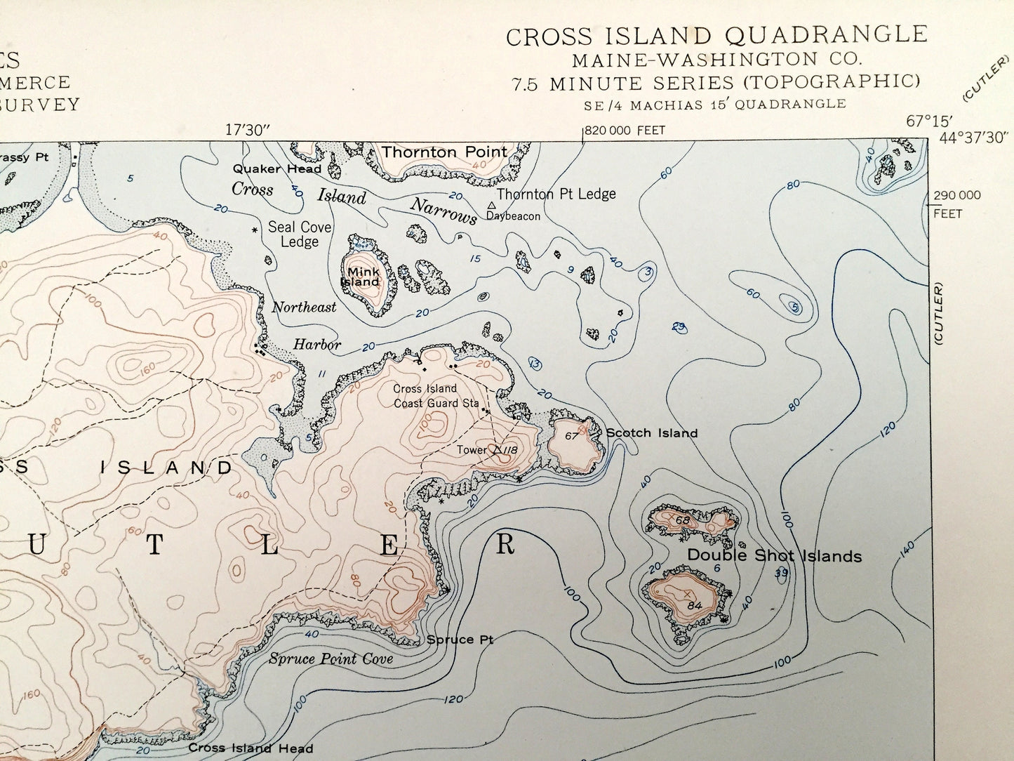 Antique Cross Island, Maine 1950 US Geological Survey Topographic Map – Washington County, Machiasport, Cutler, Gulf of Maine, ME