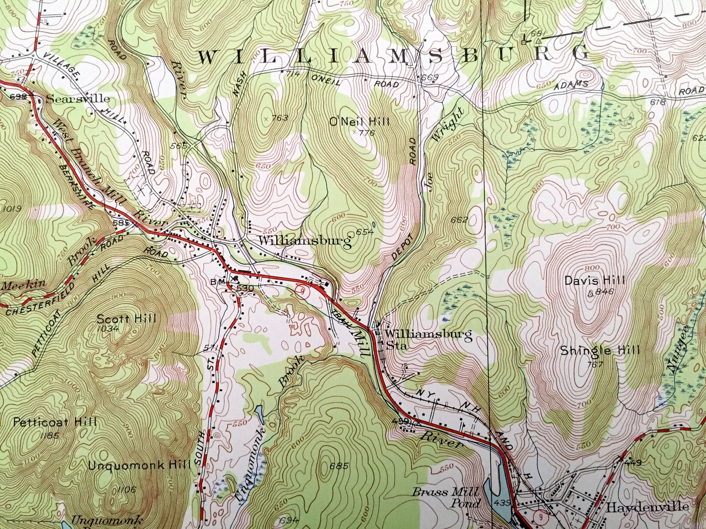Antique Williamsburg, Massachusetts 1948 US Geological Survey Topographic Map – Hampshire, Franklin County, Conway, Deerfield, Hatfield, MA