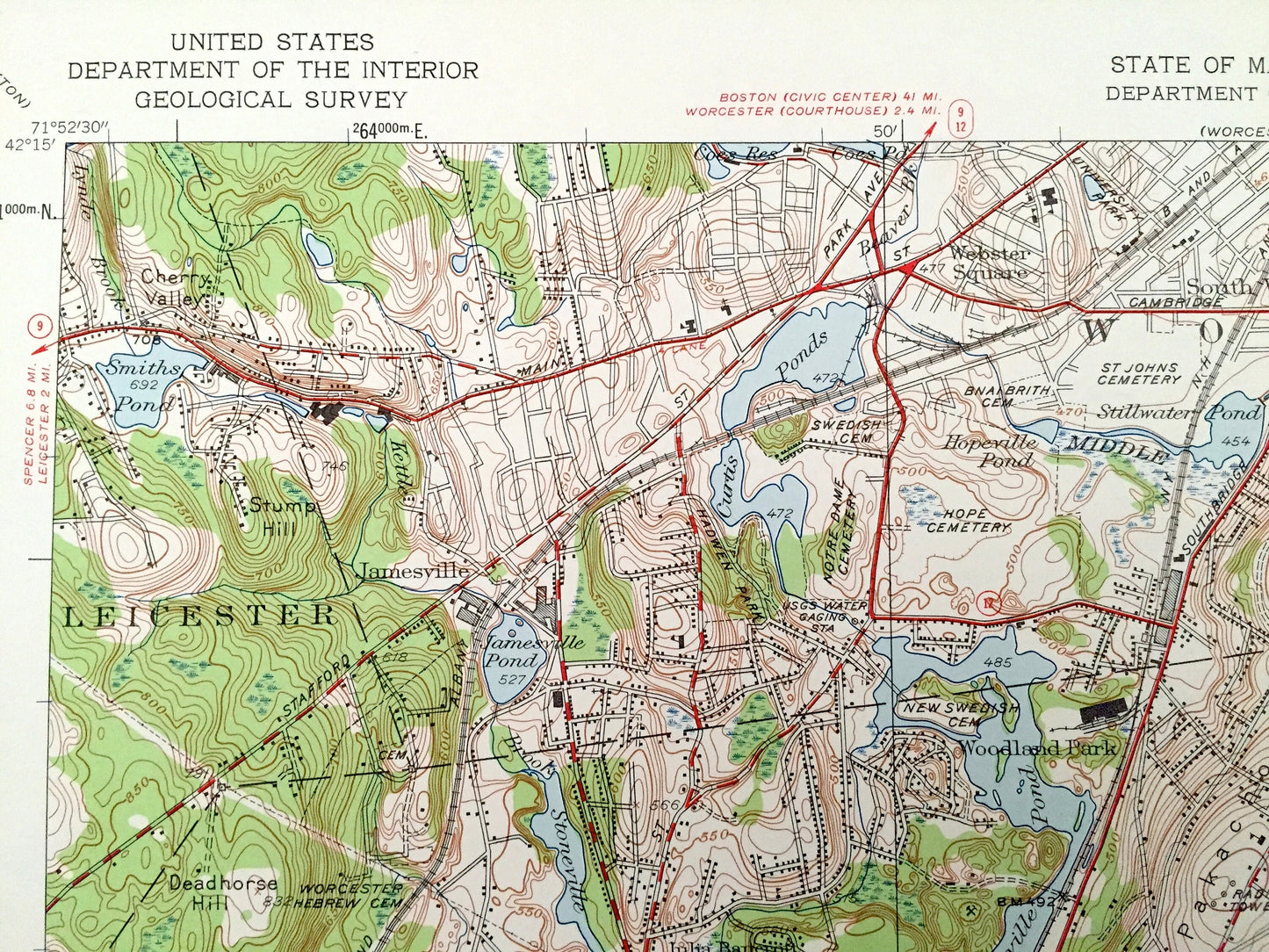 Antique Worcester South, Massachusetts 1948 US Geological Survey Topographic Map – Leichester, Auburn, Millbury, Oxford, Jamesville, MA