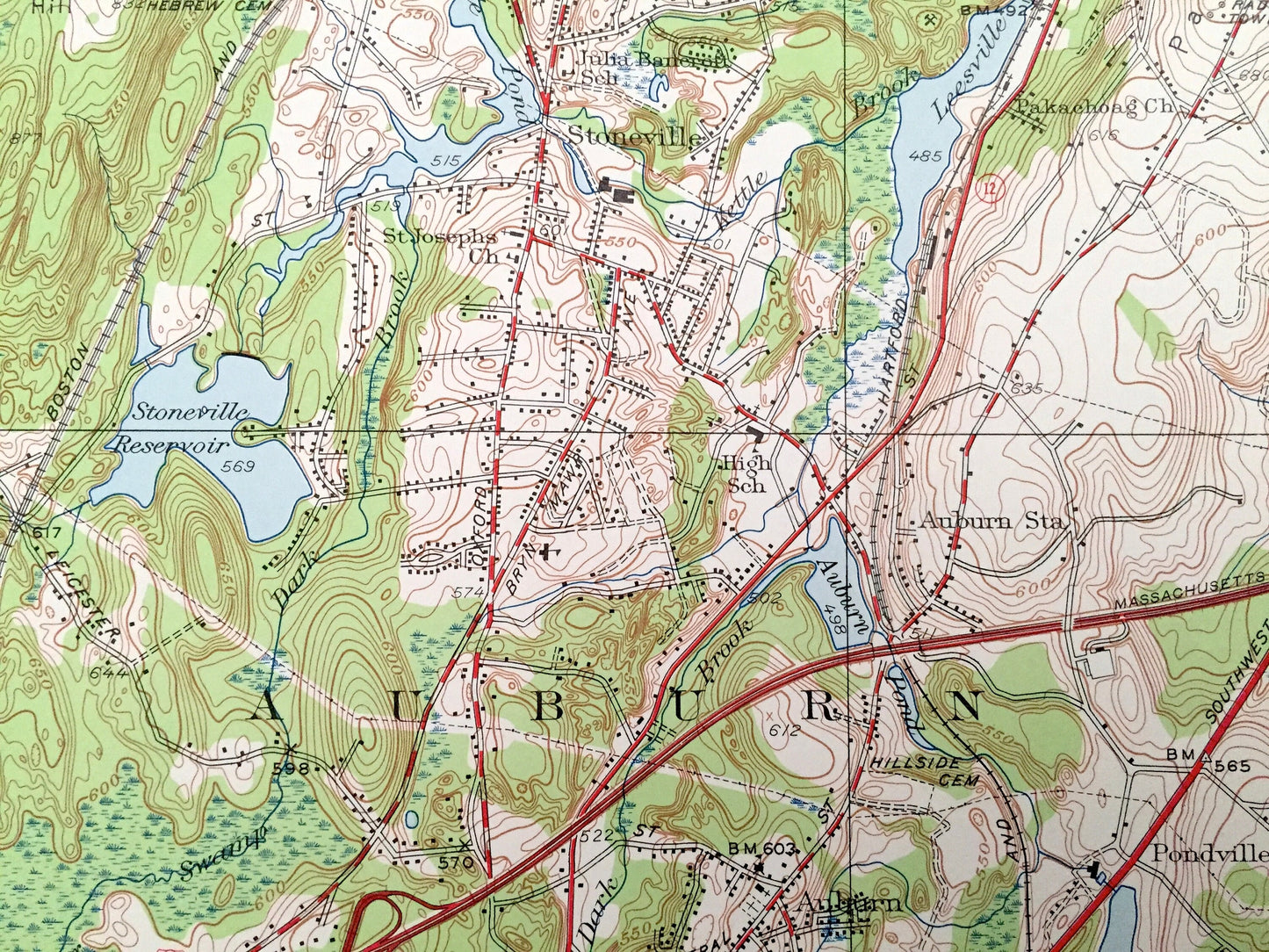 Antique Worcester South, Massachusetts 1948 US Geological Survey Topographic Map – Leichester, Auburn, Millbury, Oxford, Jamesville, MA
