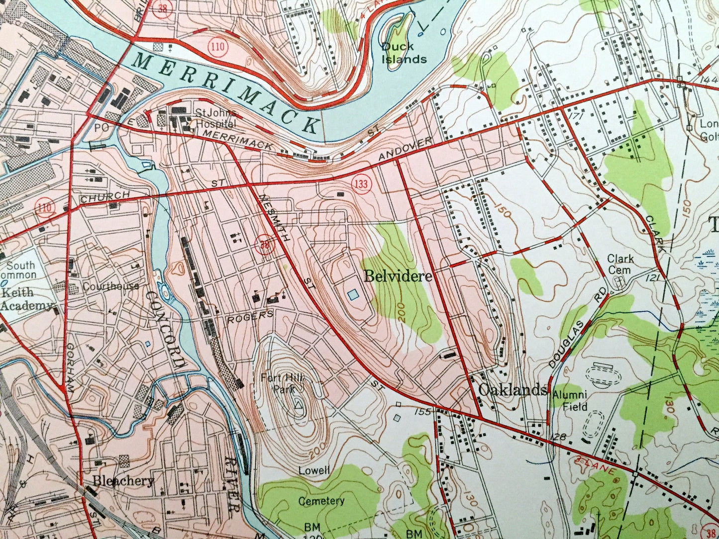 Antique Lowell, Massachusetts 1950 US Geological Survey Topographic Map – Essex, Middlesex County, Chelmsford, MA, Hillsborough County, NH
