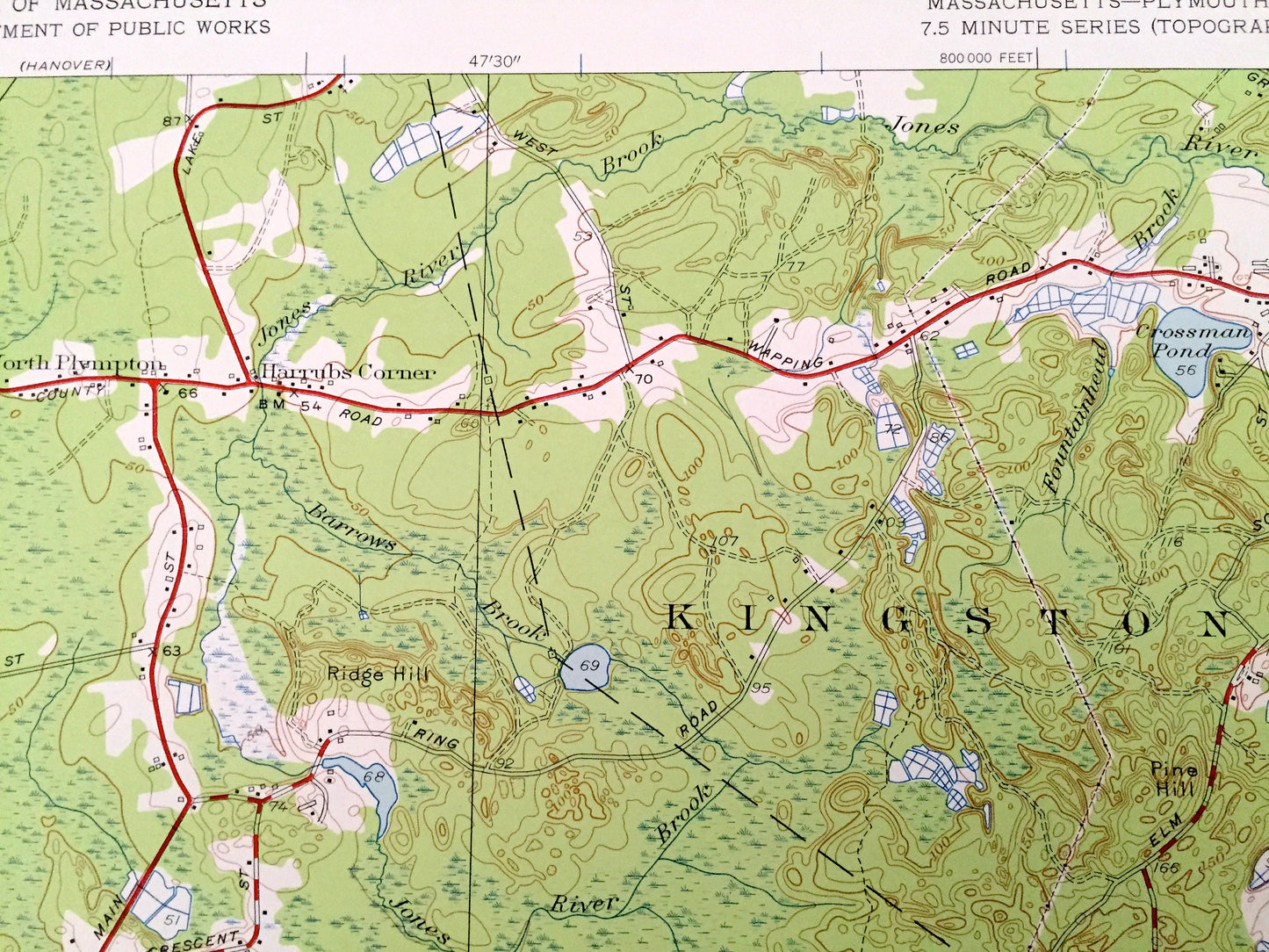 Antique Plympton, Massachusetts 1949 US Geological Survey Topographic Map – Plymouth County, Halifax, Kingston, Middleborough, Carver, MA