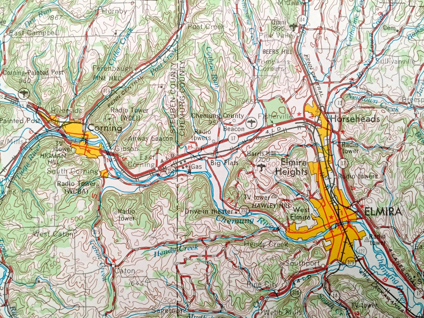Antique Finger Lakes, New York 1962 US Geological Survey Topographic Map – Ithaca, Cortland, Auburn, Syracuse, Seneca, Canandaigua, Elmira