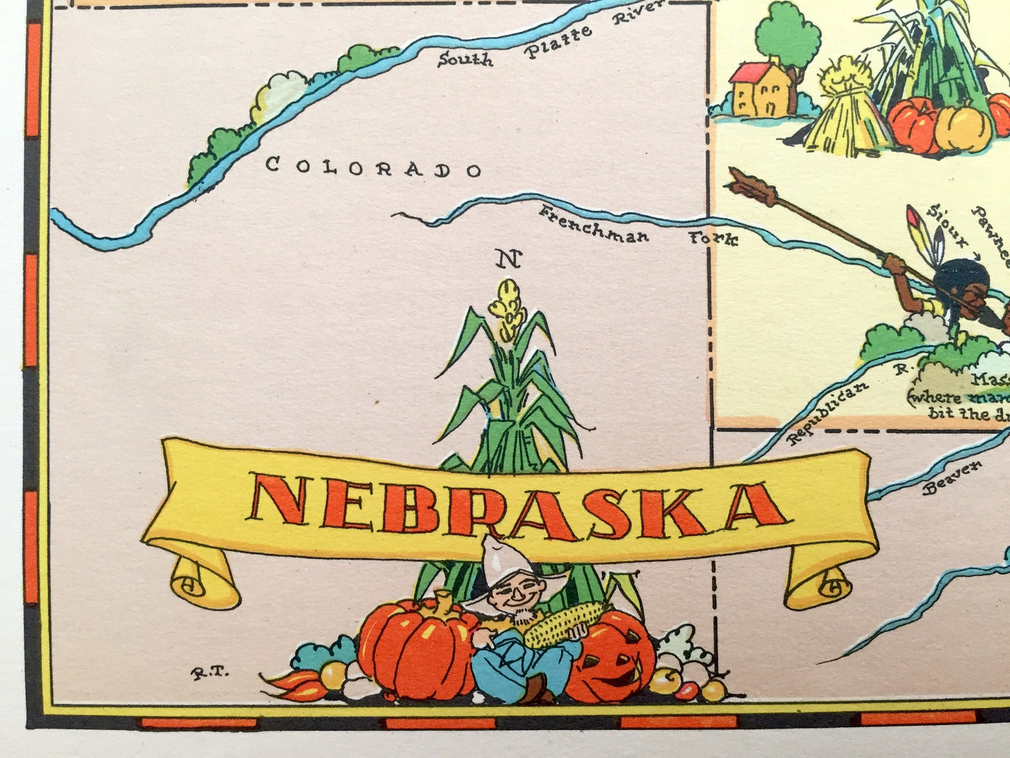 Antique 1935 Nebraska State Map from Our Gay Geography by Ruth Taylor – Omaha, Lincoln, Bellevue, Grand Island, Kearny, Fremont, Hastings NE