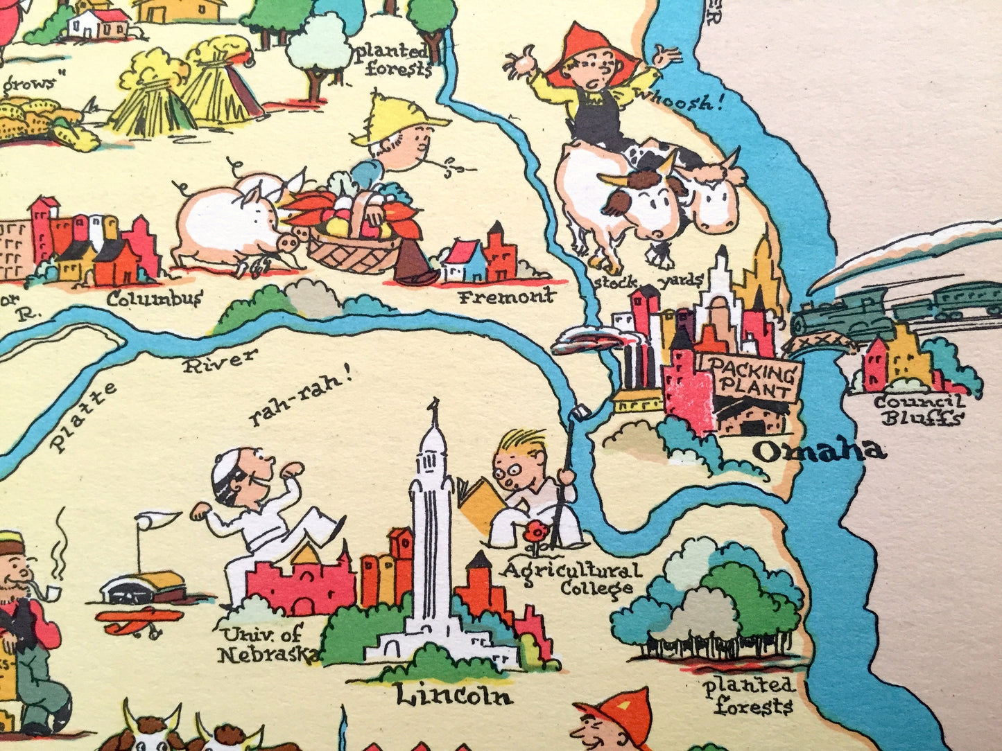 Antique 1935 Nebraska State Map from Our Gay Geography by Ruth Taylor – Omaha, Lincoln, Bellevue, Grand Island, Kearny, Fremont, Hastings NE
