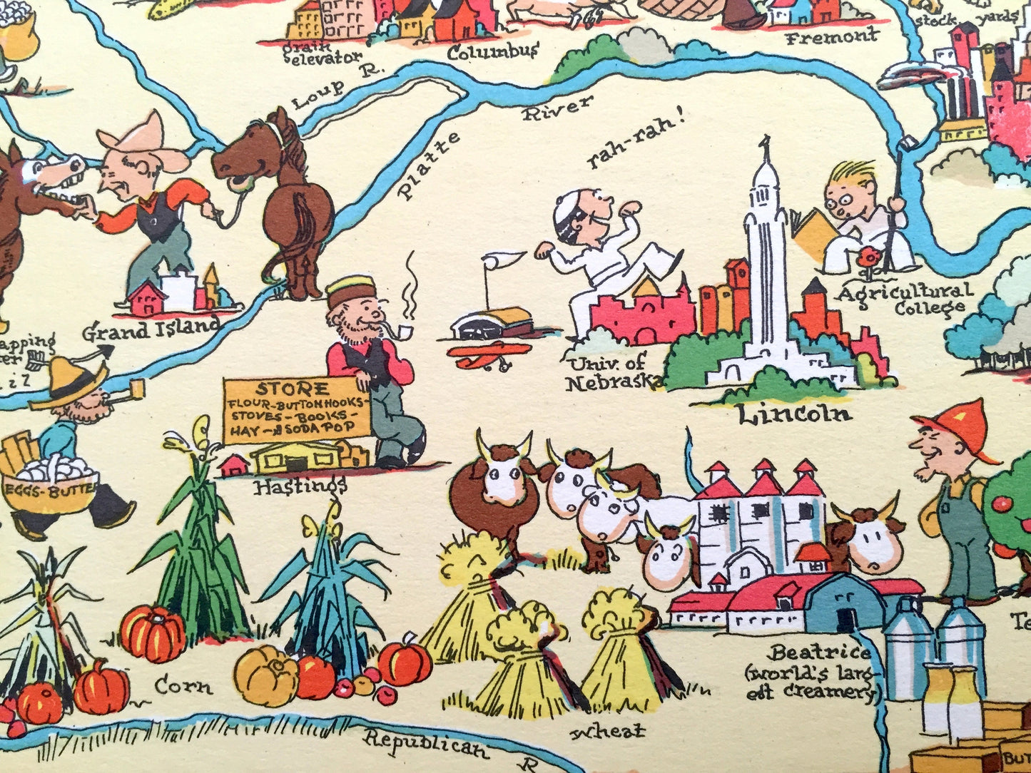 Antique 1935 Nebraska State Map from Our Gay Geography by Ruth Taylor – Omaha, Lincoln, Bellevue, Grand Island, Kearny, Fremont, Hastings NE