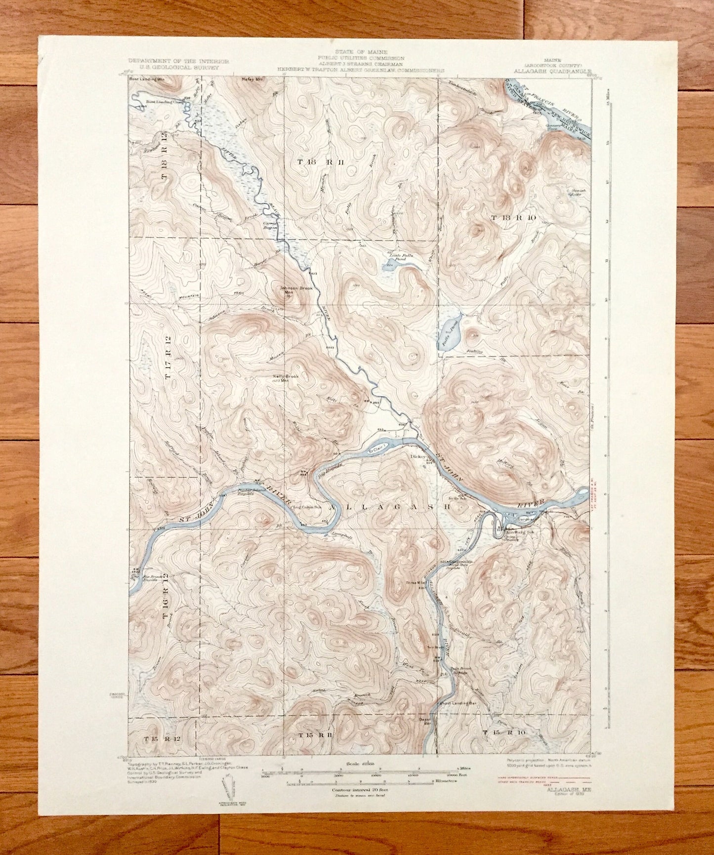 Antique Allagash, Maine 1933 US Geological Survey Topographic Map – Aroostook County, St. John River, Dickey, St Francis, Black, Canada, ME