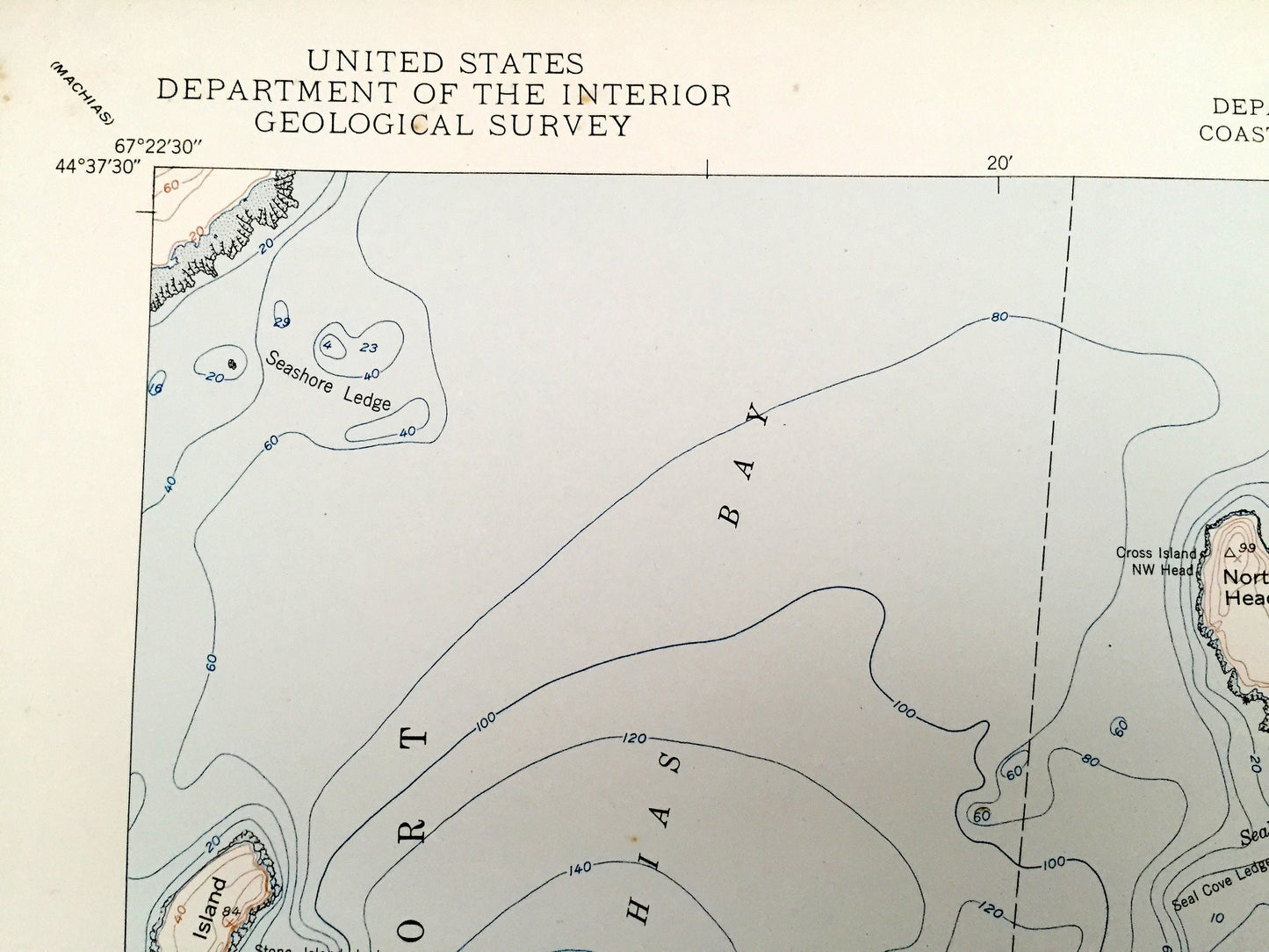 Antique Cross Island, Maine 1950 US Geological Survey Topographic Map – Washington County, Machiasport, Cutler, Gulf of Maine, ME