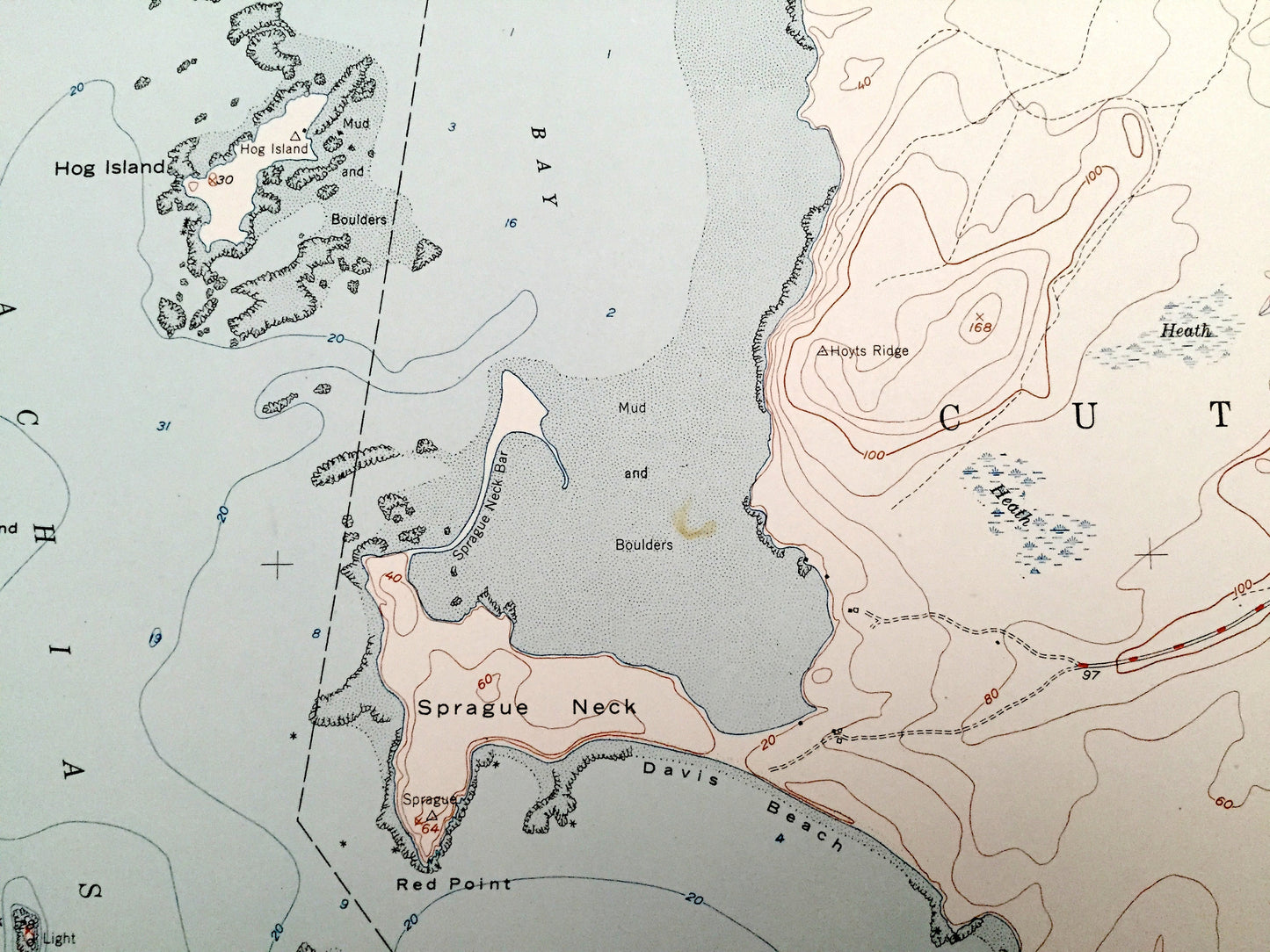 Antique Machias Bay, Maine 1951 US Geological Survey Topographic Map – Washington County, Machiasport, Whiting, Cutler, ME