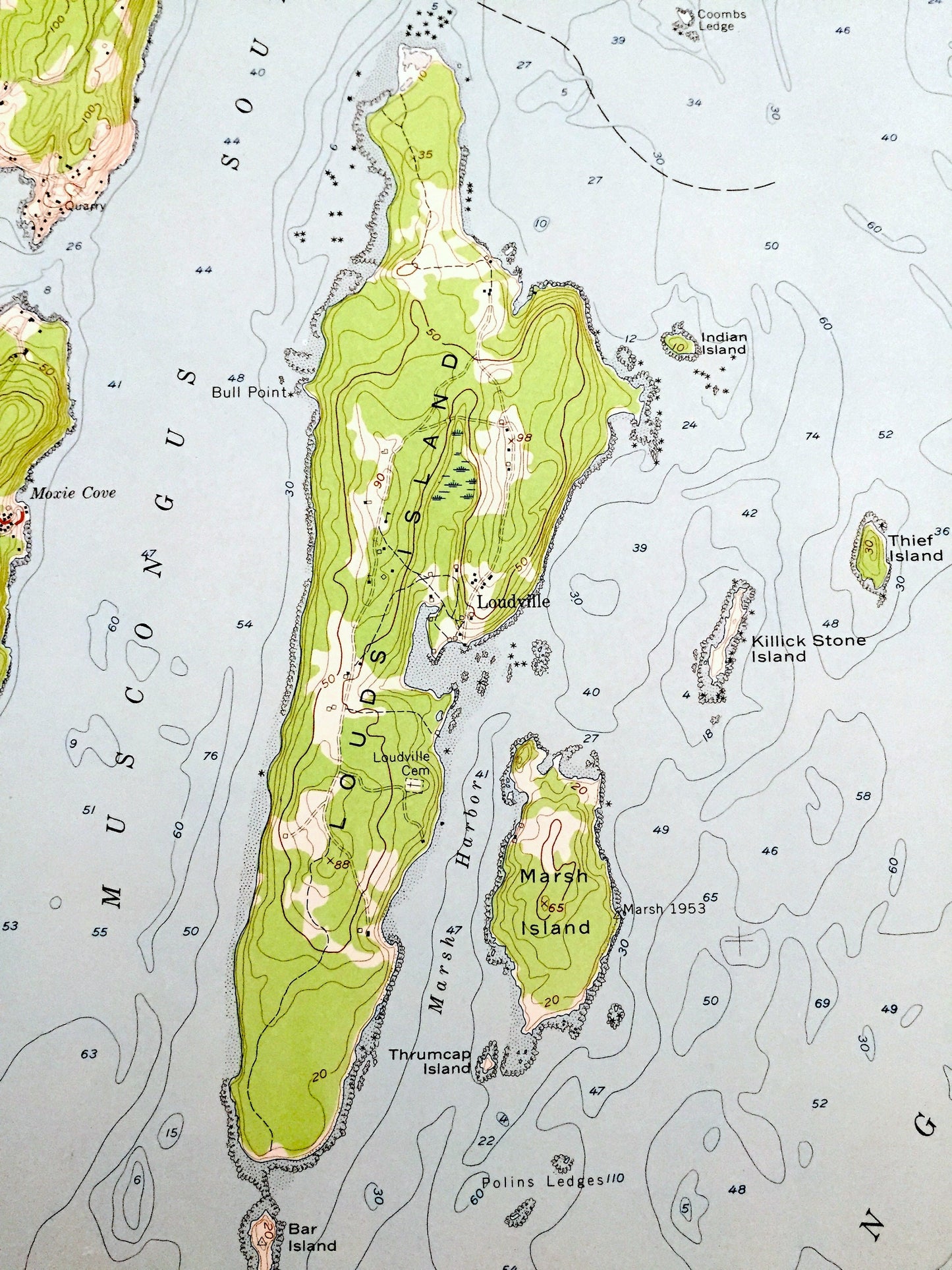 Antique Louds Island, Maine 1955 US Geological Survey Topographic Map – Knox, Lincoln County, Bremen, Bristol, Loudville, Muscongus, ME