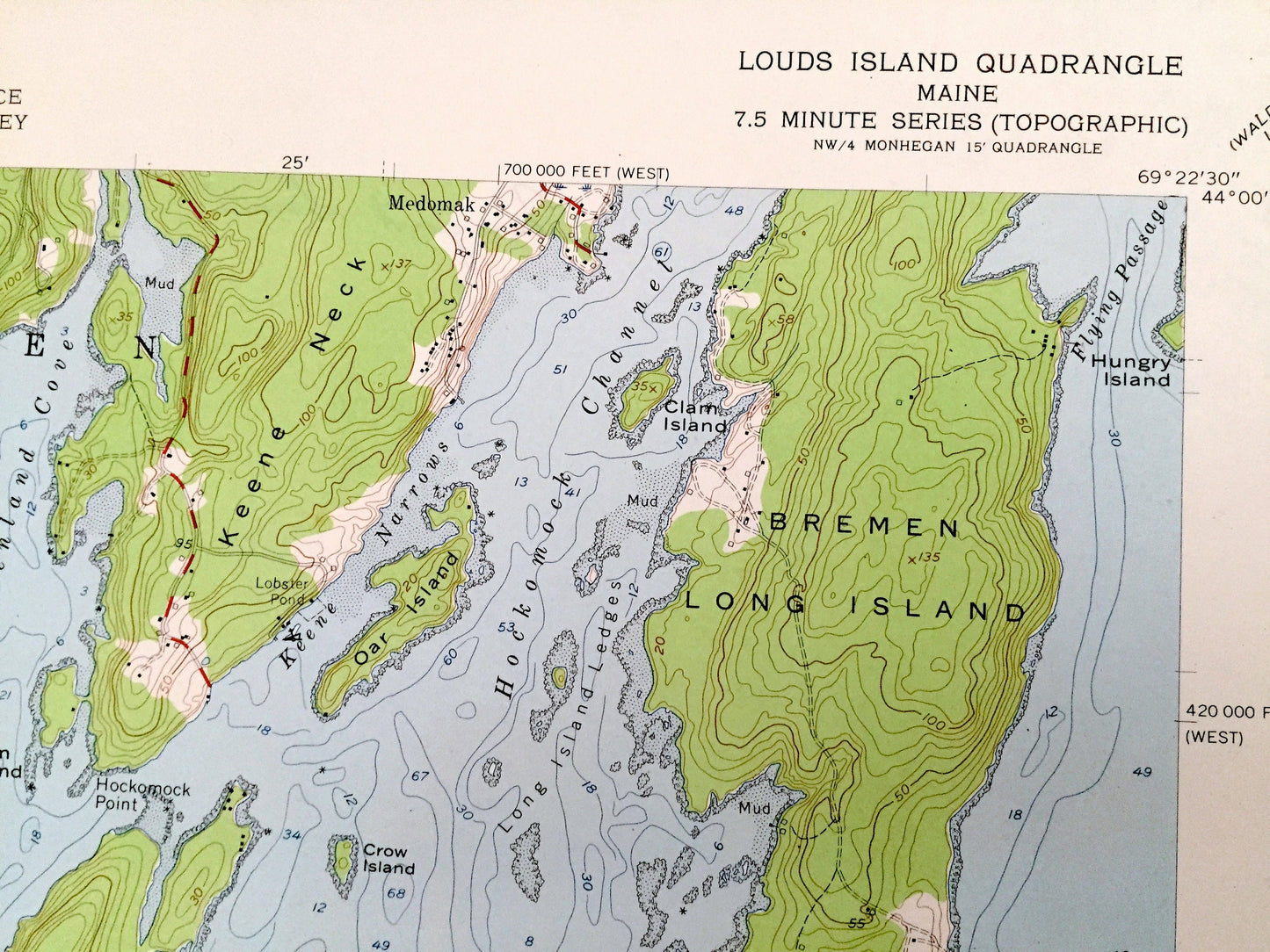 Antique Louds Island, Maine 1955 US Geological Survey Topographic Map – Knox, Lincoln County, Bremen, Bristol, Loudville, Muscongus, ME
