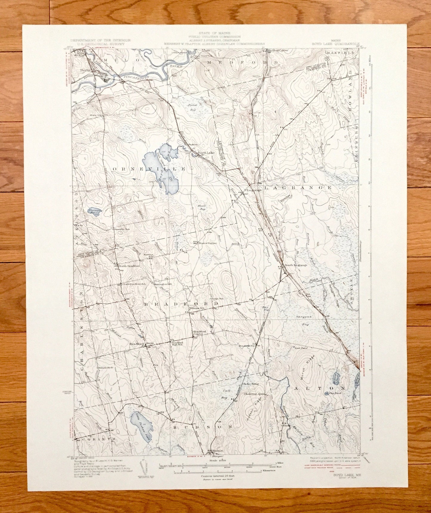 Antique Boyd Lake, Maine 1934 US Geological Survey Topographic Map – Penobscot, Piscataquis County, Orneville, LaGrange, Medford, Milo, ME