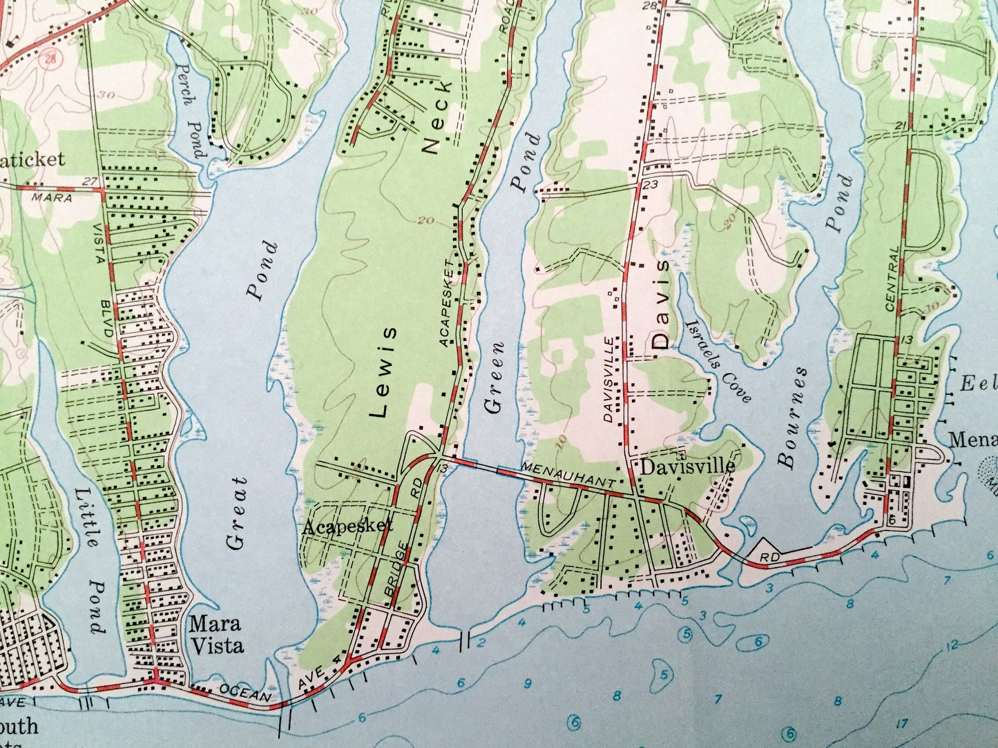 Antique Falmouth, Massachusetts 1957 US Geological Survey Topographic Map – Mashpee, Teaticket, Mara Vista, Barnstable, Cape Cod Vineyard MA