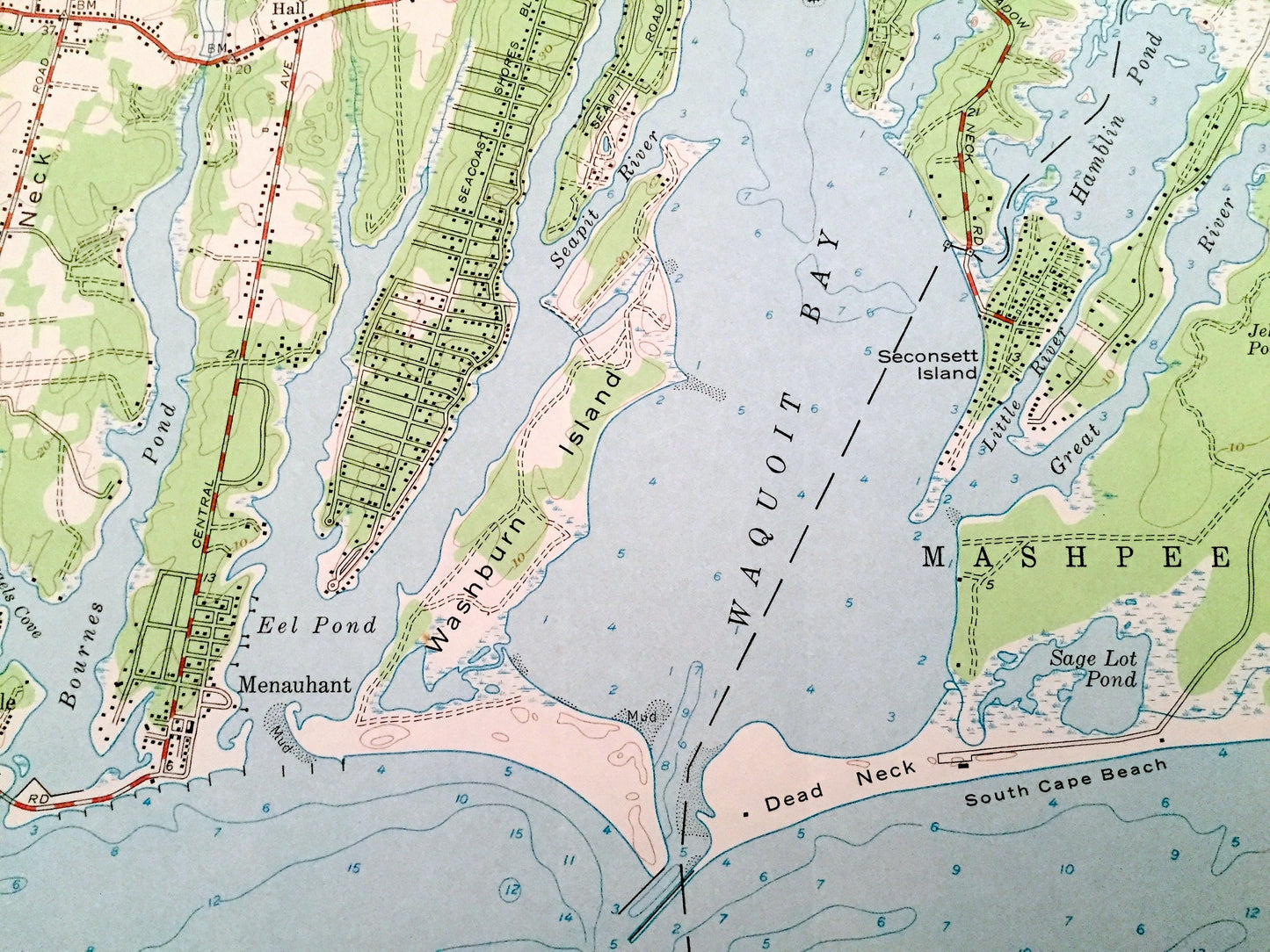 Antique Falmouth, Massachusetts 1957 US Geological Survey Topographic Map – Mashpee, Teaticket, Mara Vista, Barnstable, Cape Cod Vineyard MA