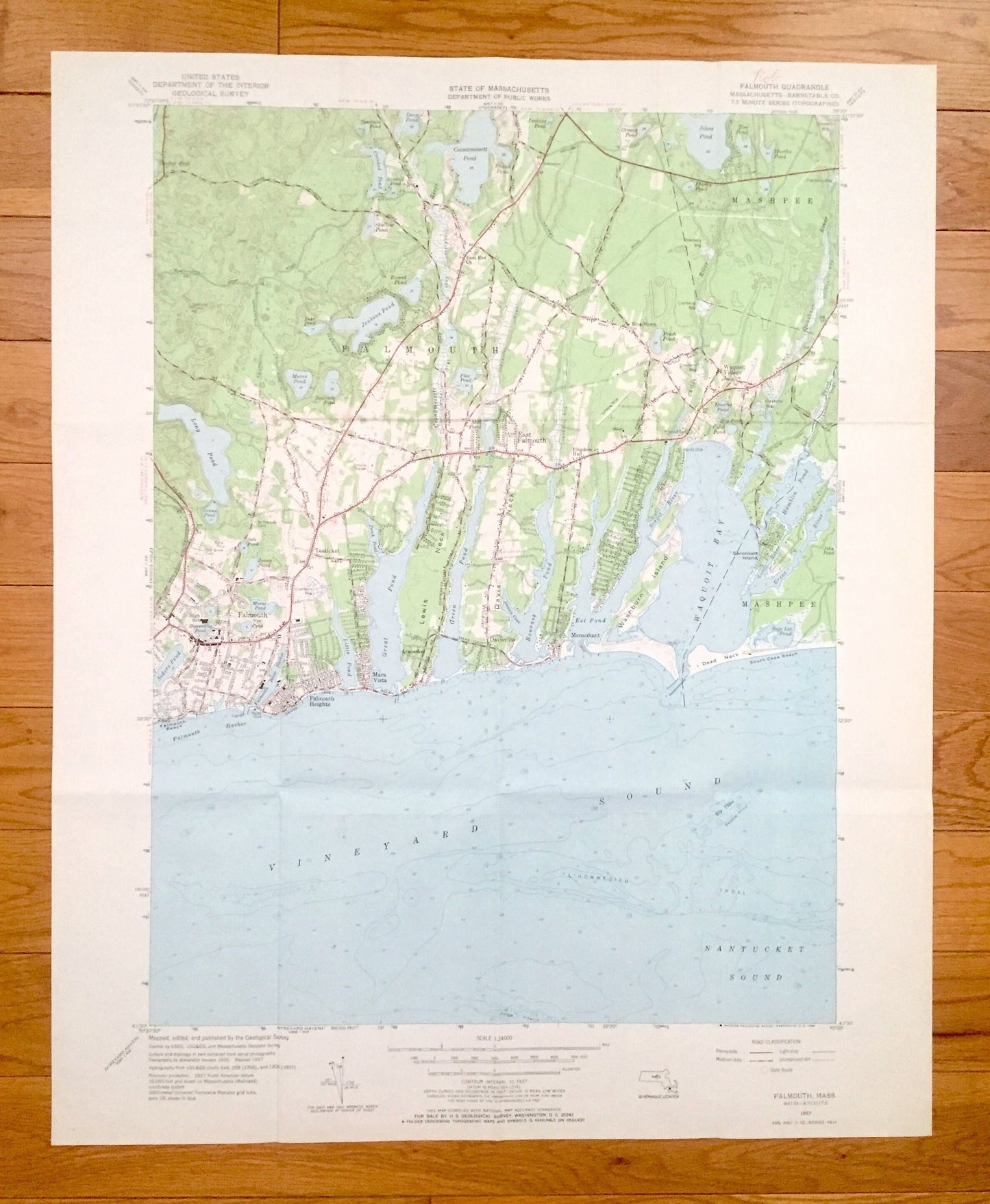 Antique Falmouth, Massachusetts 1957 US Geological Survey Topographic Map – Mashpee, Teaticket, Mara Vista, Barnstable, Cape Cod Vineyard MA