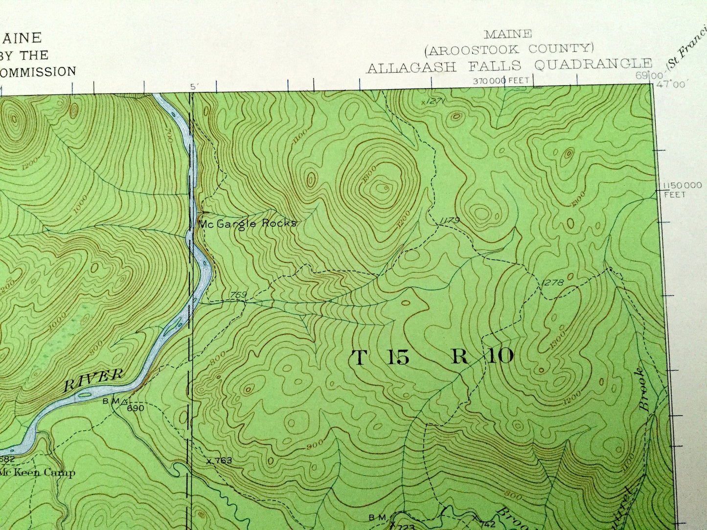 Antique Allagash Falls, Maine 1932 US Geological Survey Topographic Map – Aroostook County, Michaud Farm, WELS, Musquacook, McGargle Rocks