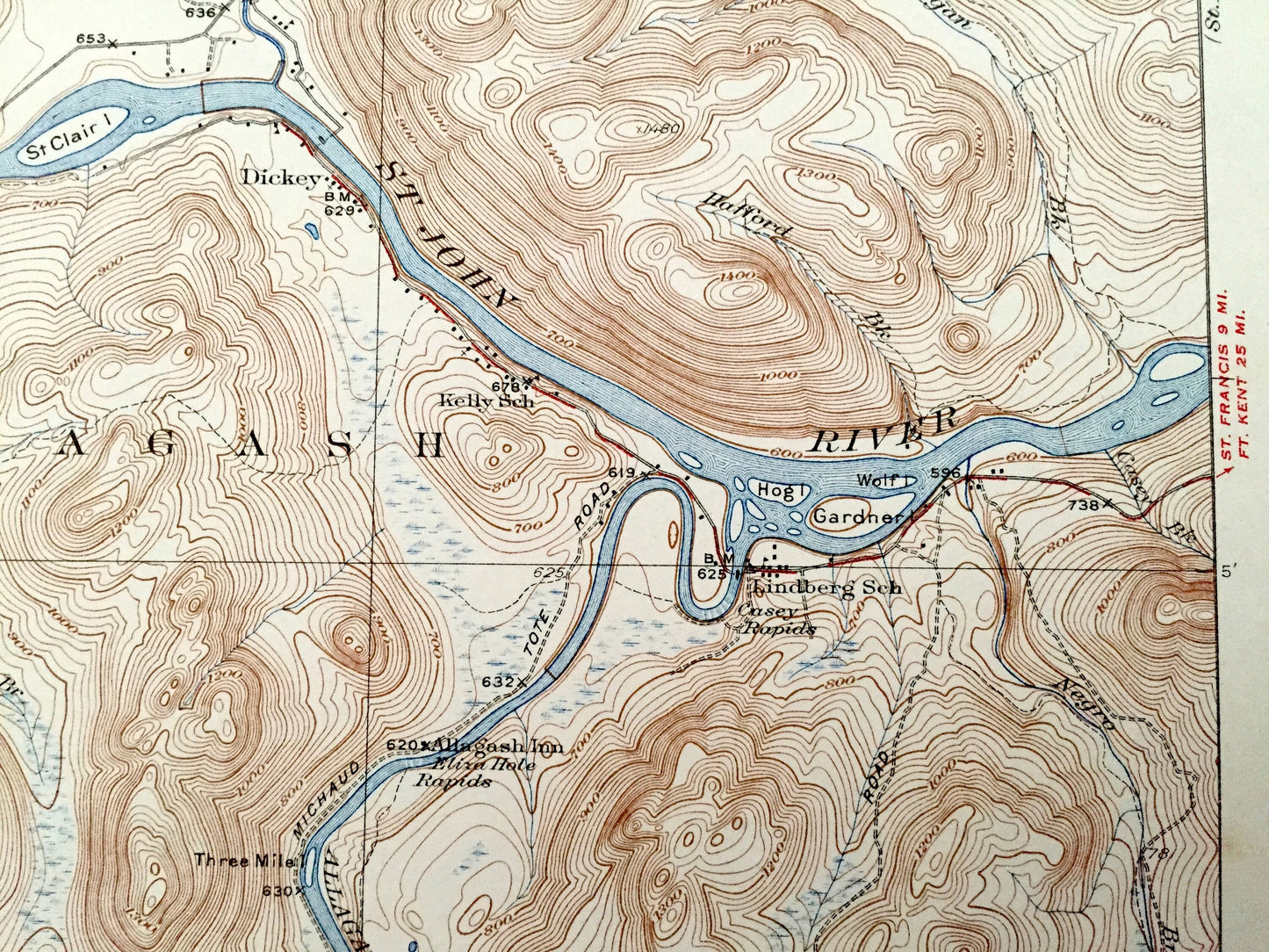 Antique Allagash, Maine 1933 US Geological Survey Topographic Map – Aroostook County, St. John River, Dickey, St Francis, Black, Canada, ME