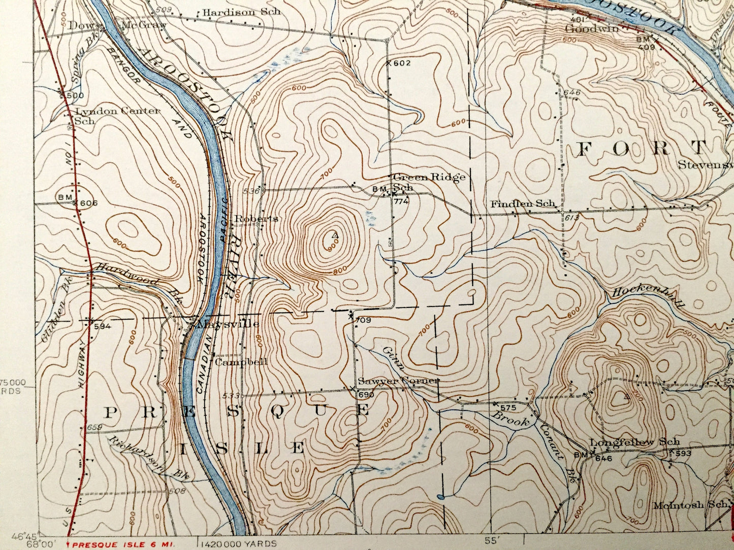 Antique Fort Fairfield, Maine 1933 US Geological Survey Topographic Map – Aroostook County, Limestone, Caswell, Connor, Caribou, Goodrich ME