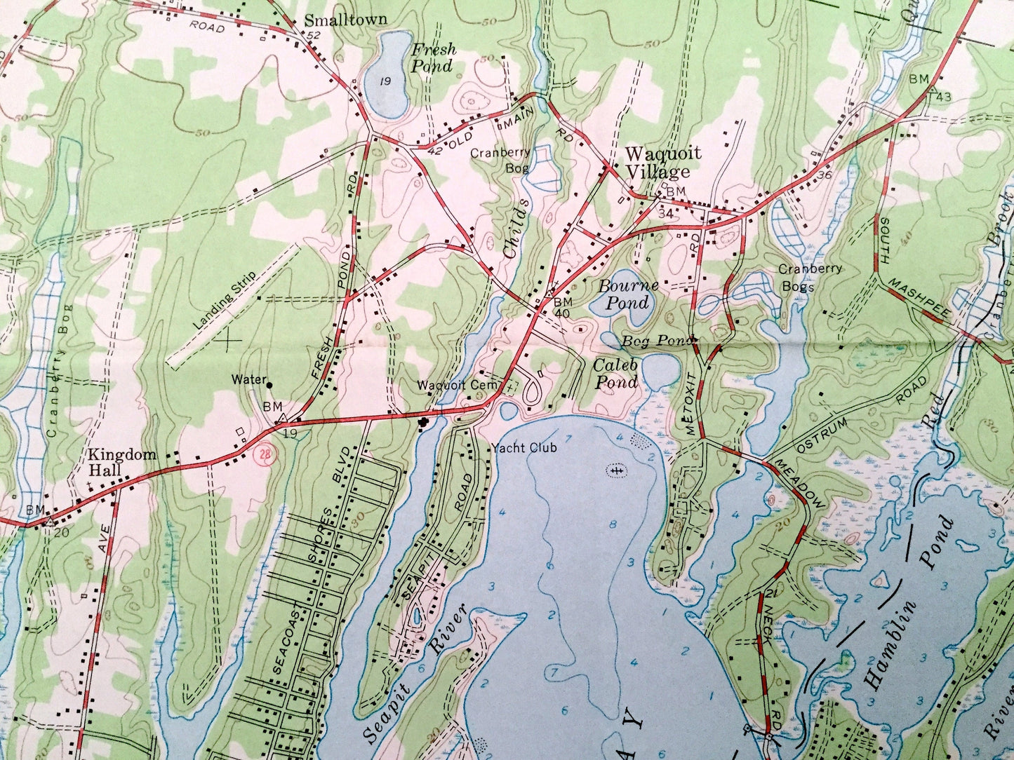 Antique Falmouth, Massachusetts 1957 US Geological Survey Topographic Map – Mashpee, Teaticket, Mara Vista, Barnstable, Cape Cod Vineyard MA