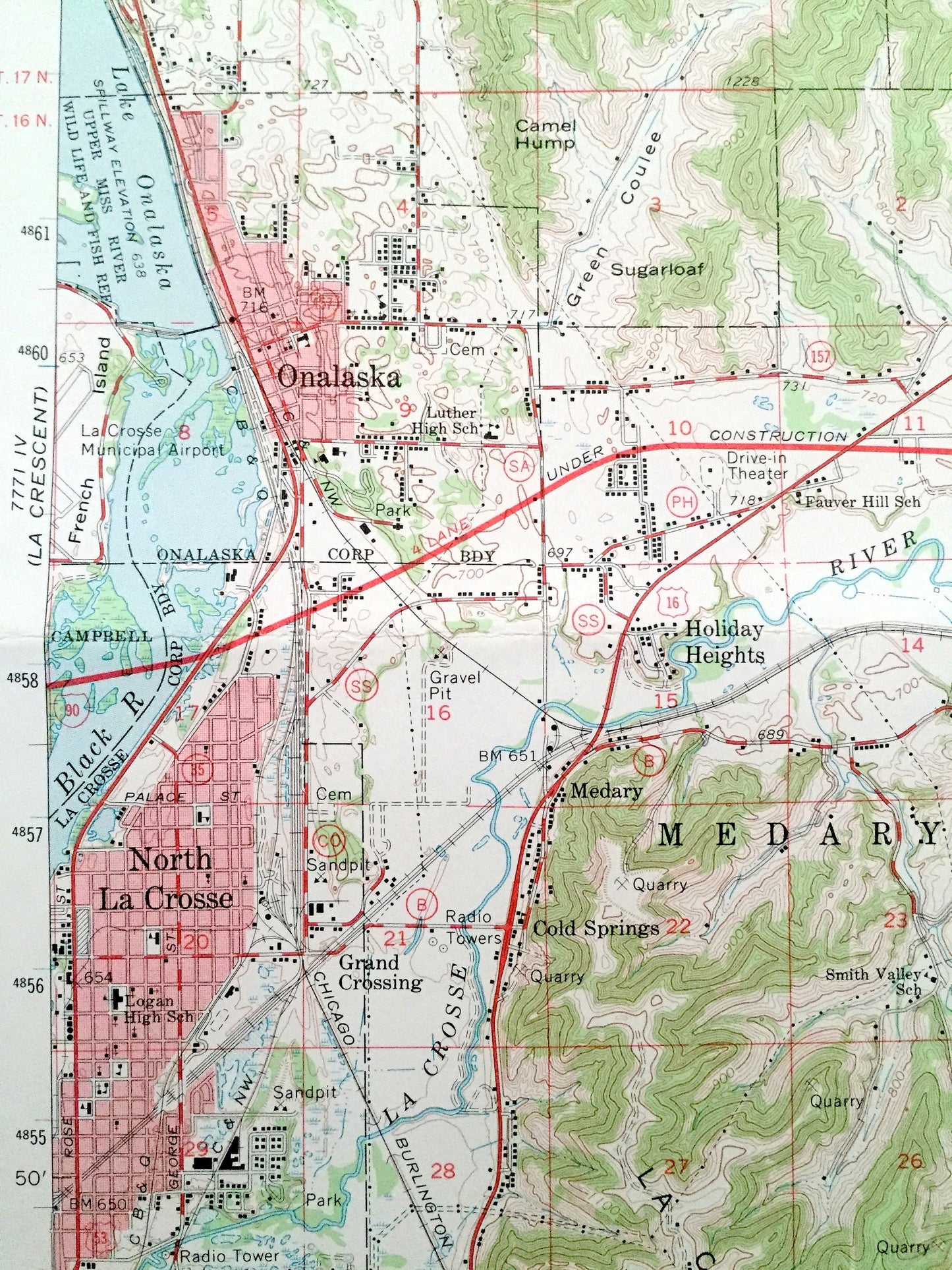 Antique La Crosse, Wisconsin 1963 US Geological Survey Topographic Map – Holland, Onalaska, Medary, Shelby, Hamilton, WI, Houston County, MN